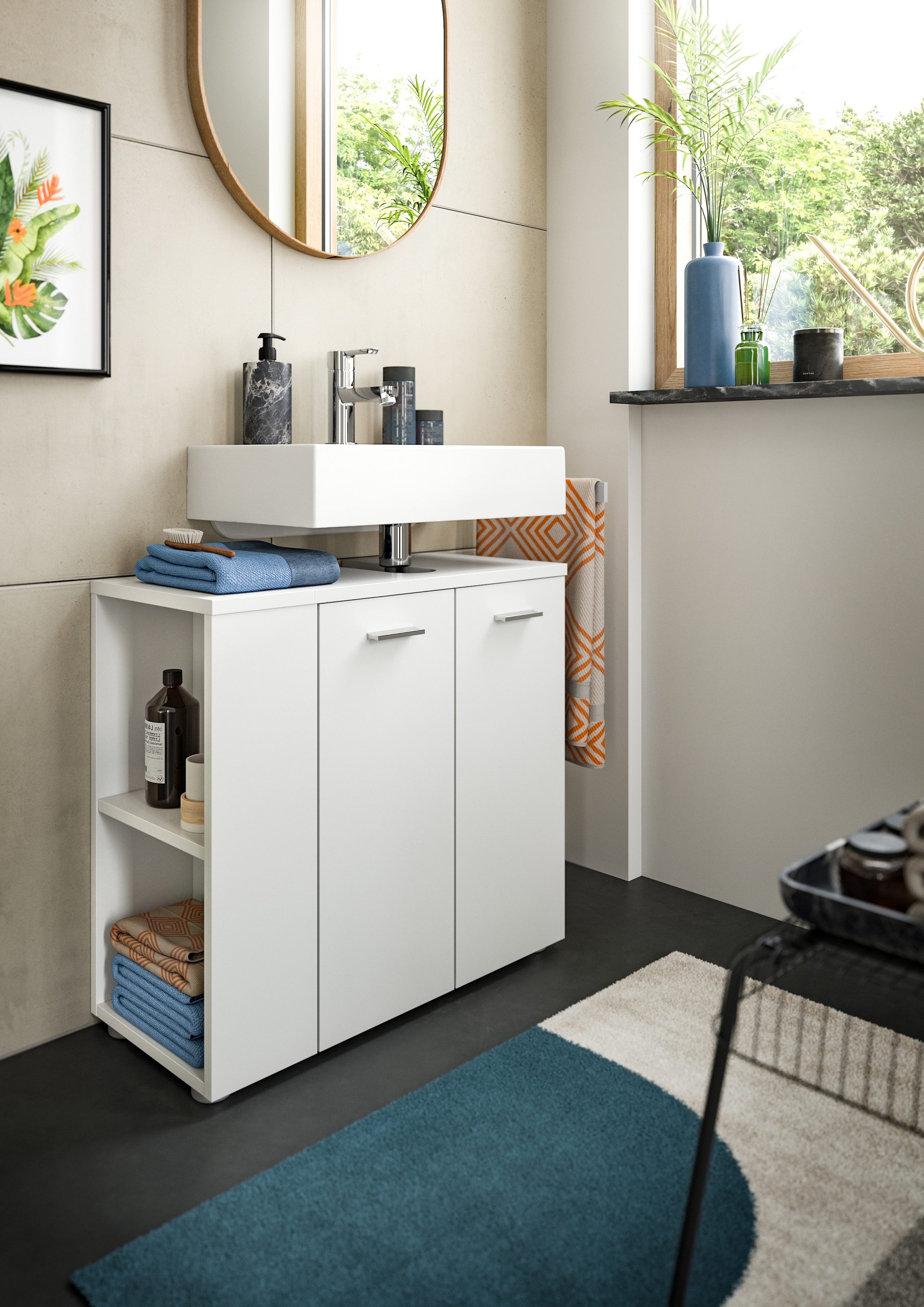 welltime Waschbeckenunterschrank »Breite 65cm, mit seitlichem Regal, 2 Türen, 4 Fächer«, Waschbecken, Unterschrank, Schrank, Badschrank, Badezimmerschrank