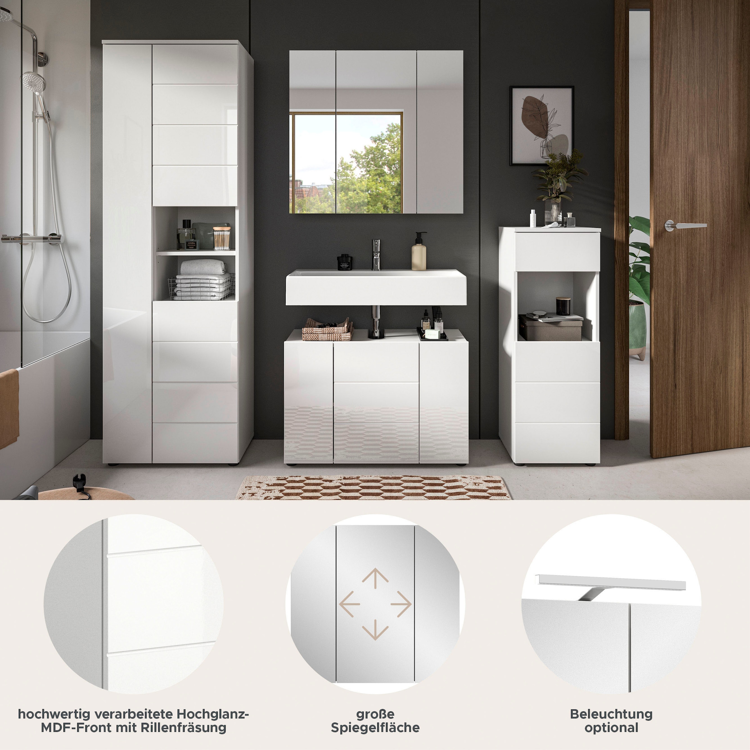 welltime Badmöbel-Set »Biel, Höhe 190 cm, Hochschrank, Unterschrank, Spiegel, Standschrank«, (4 St.), Bad Set, modernes Design, Hochschrank, Unterschrank, Spiegel