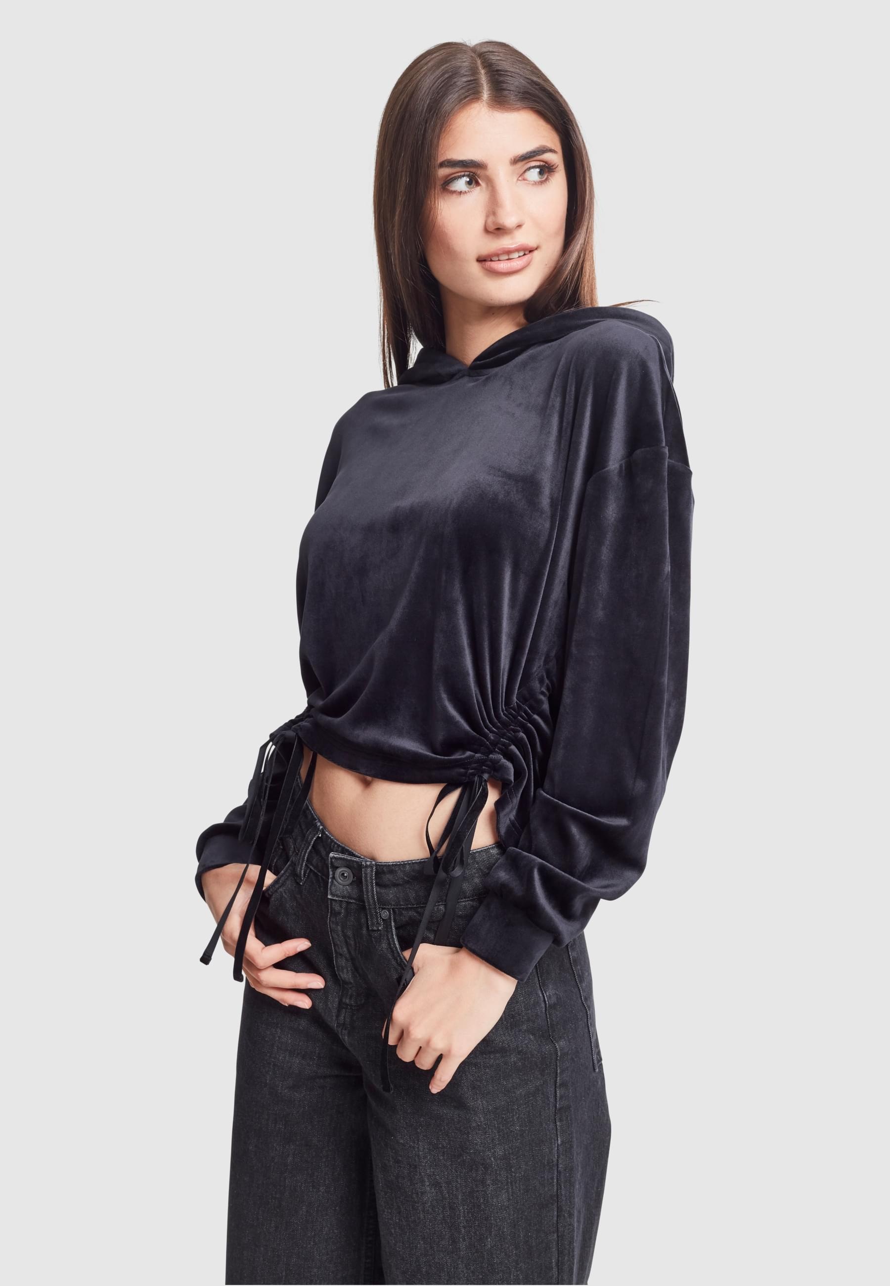 URBAN CLASSICS Rundhalspullover »Urban Classics Damen Ladies Short Velvet Gathered Hoody«, (1 tlg.)