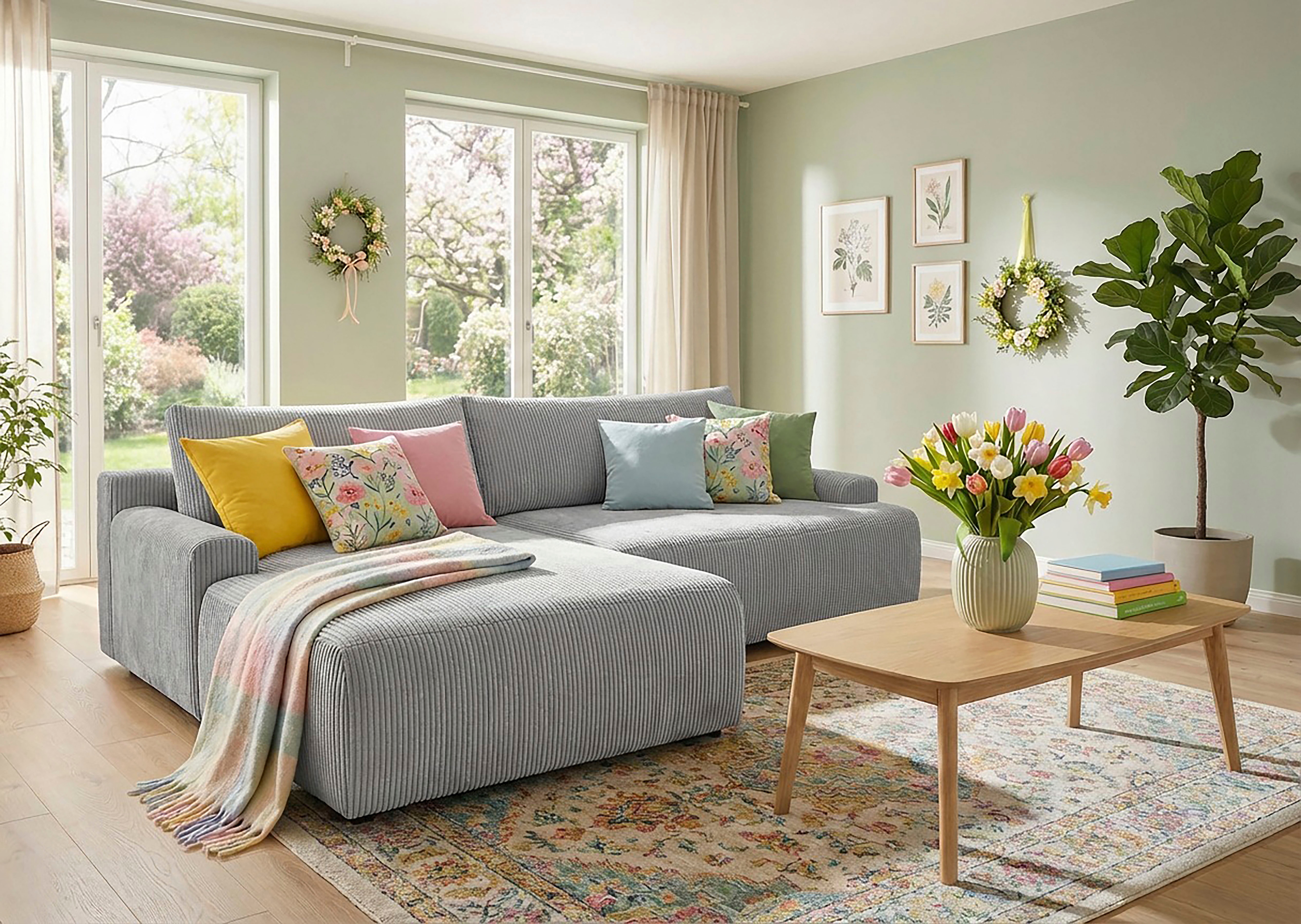 TRENDMANUFAKTUR Ecksofa "Prag, Schlafsofa mit Bettkasten, Couch in L-Form, Breite 253 cm" in Cordstoff HYPER, betongrau, Recamiere links