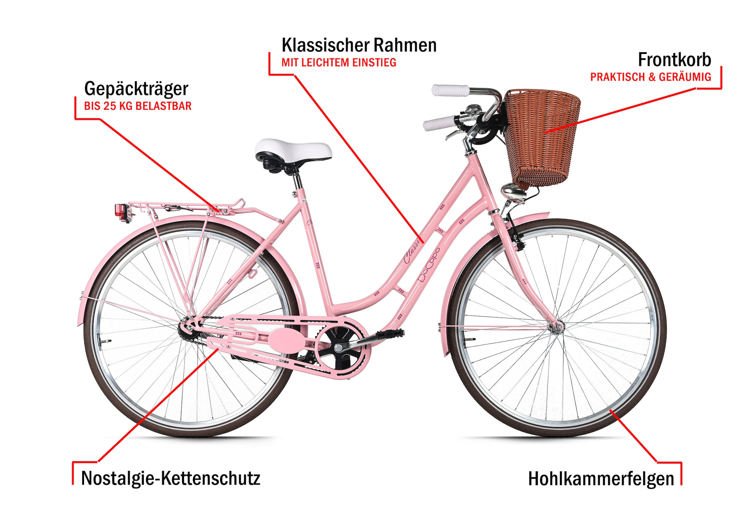 Dacapo Cityrad »Damenrad 28'' Classic Premium Rosa 1 Gang RH 53 cm mit Korb« 1 Gang ohne Schaltung