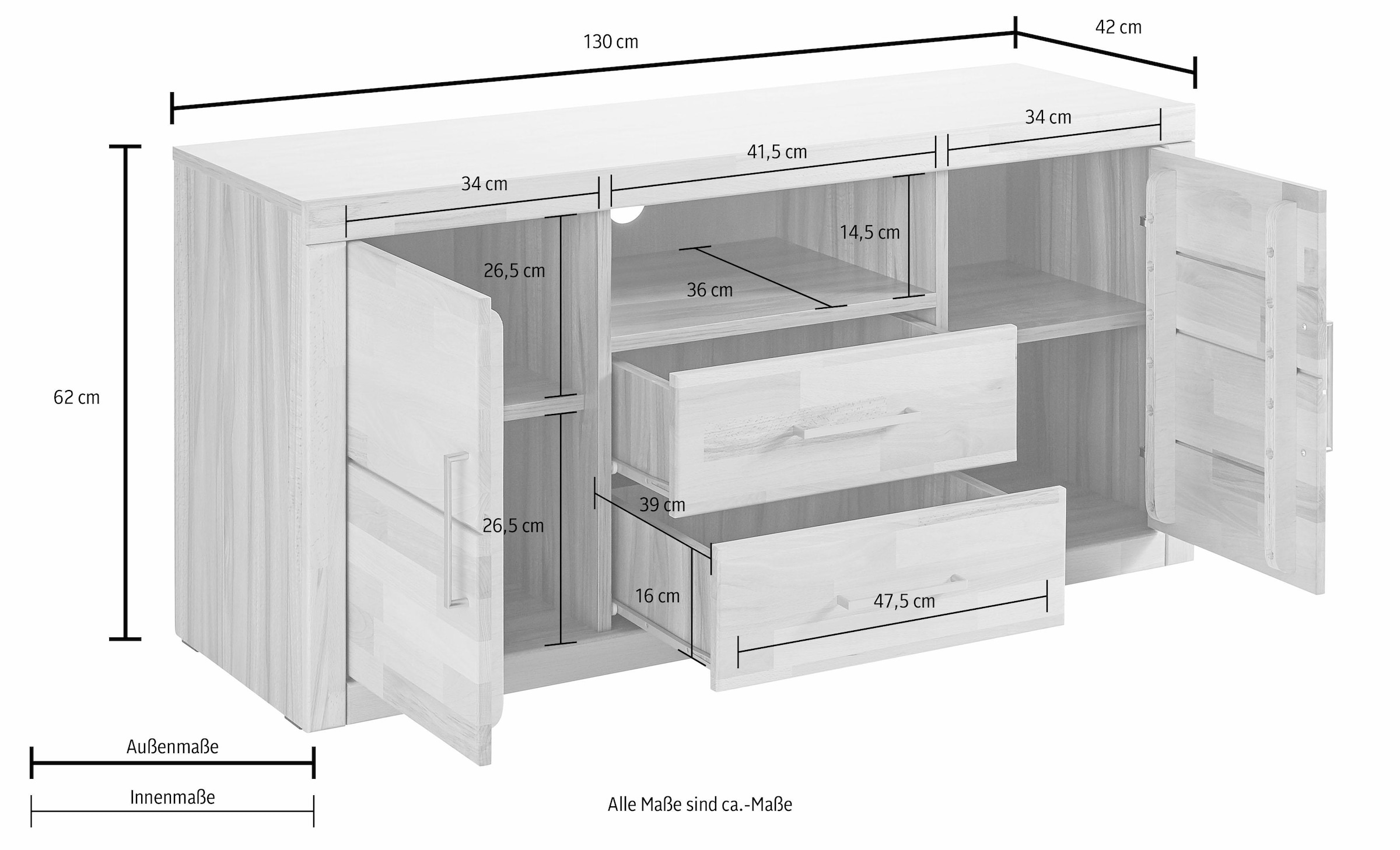 Home affaire Lowboard »Logo,130cm breit, Fronten Massivholz,5 Fächer«, Holz massiv, Holzwerkstoff, Metall Griffe,2 Türen,2 Schubladen