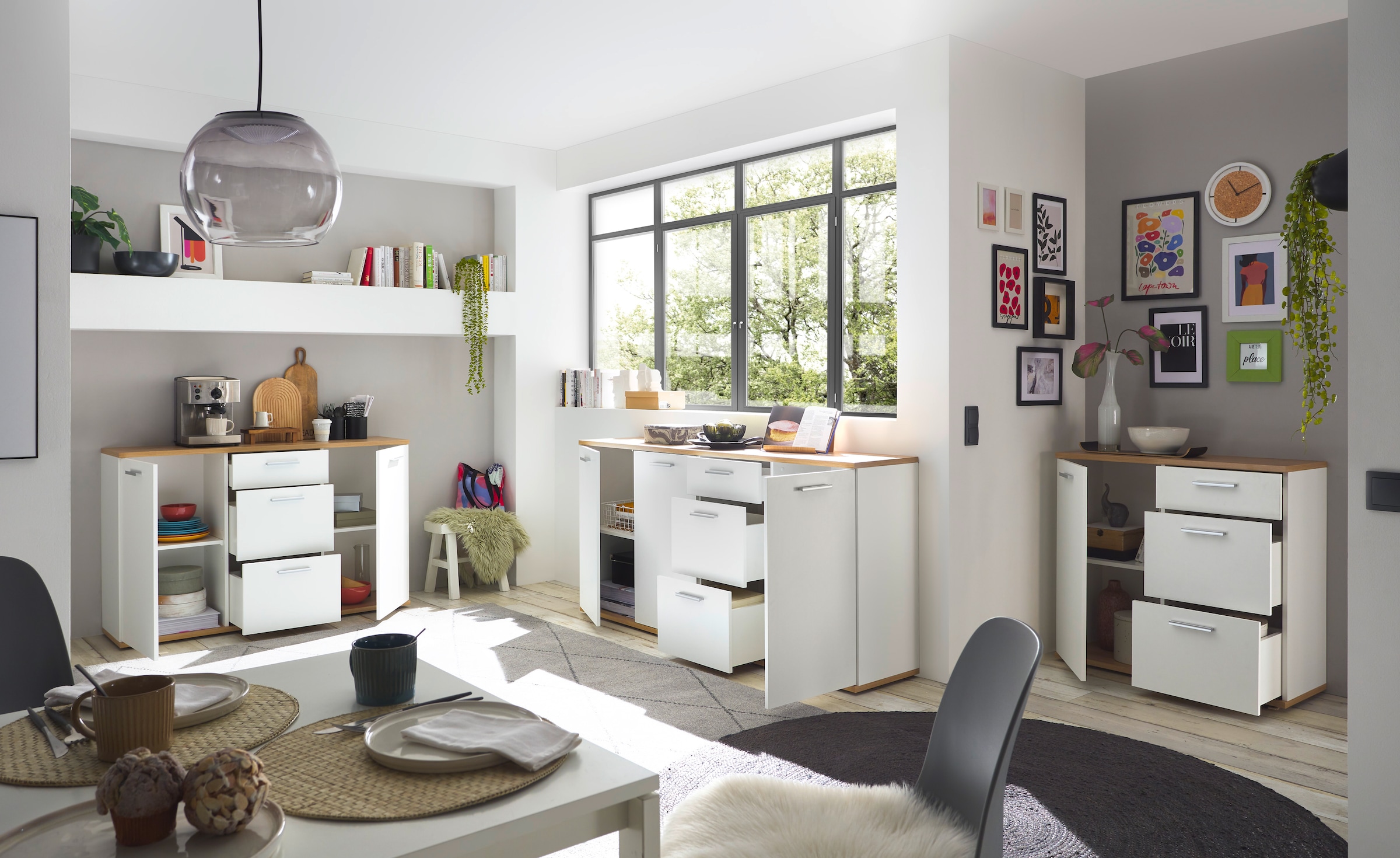 HBZ Kommode »BC1035 weiß matt, BxHxT 180x86x38 cm«, Sideboard mit 3 Türen, 3 Schubkästen, 2 Einlegeböden