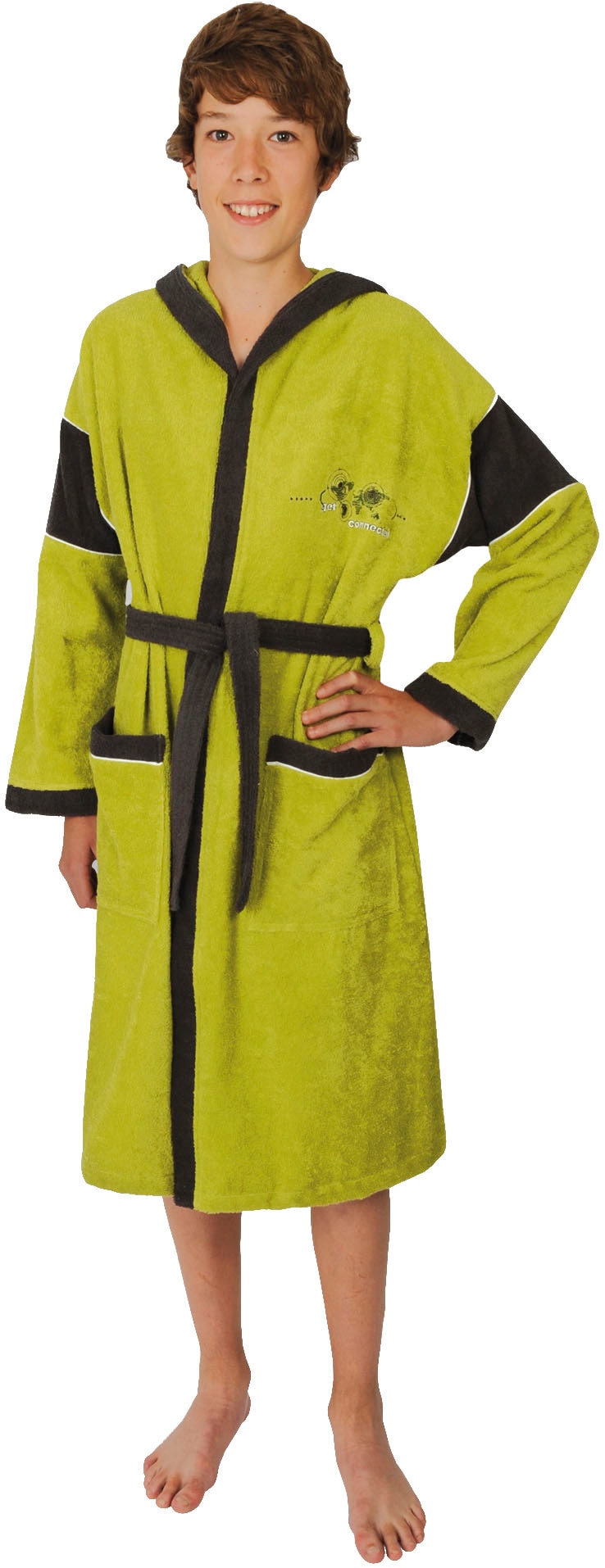 Kinderbademantel WÖRNER, L:80cm, grün, Baumwoll-Webfrottier, Hausmäntel, "Connect", mit Stickerei, mit Taschen, maschinenwaschbar, trocknergeeignet