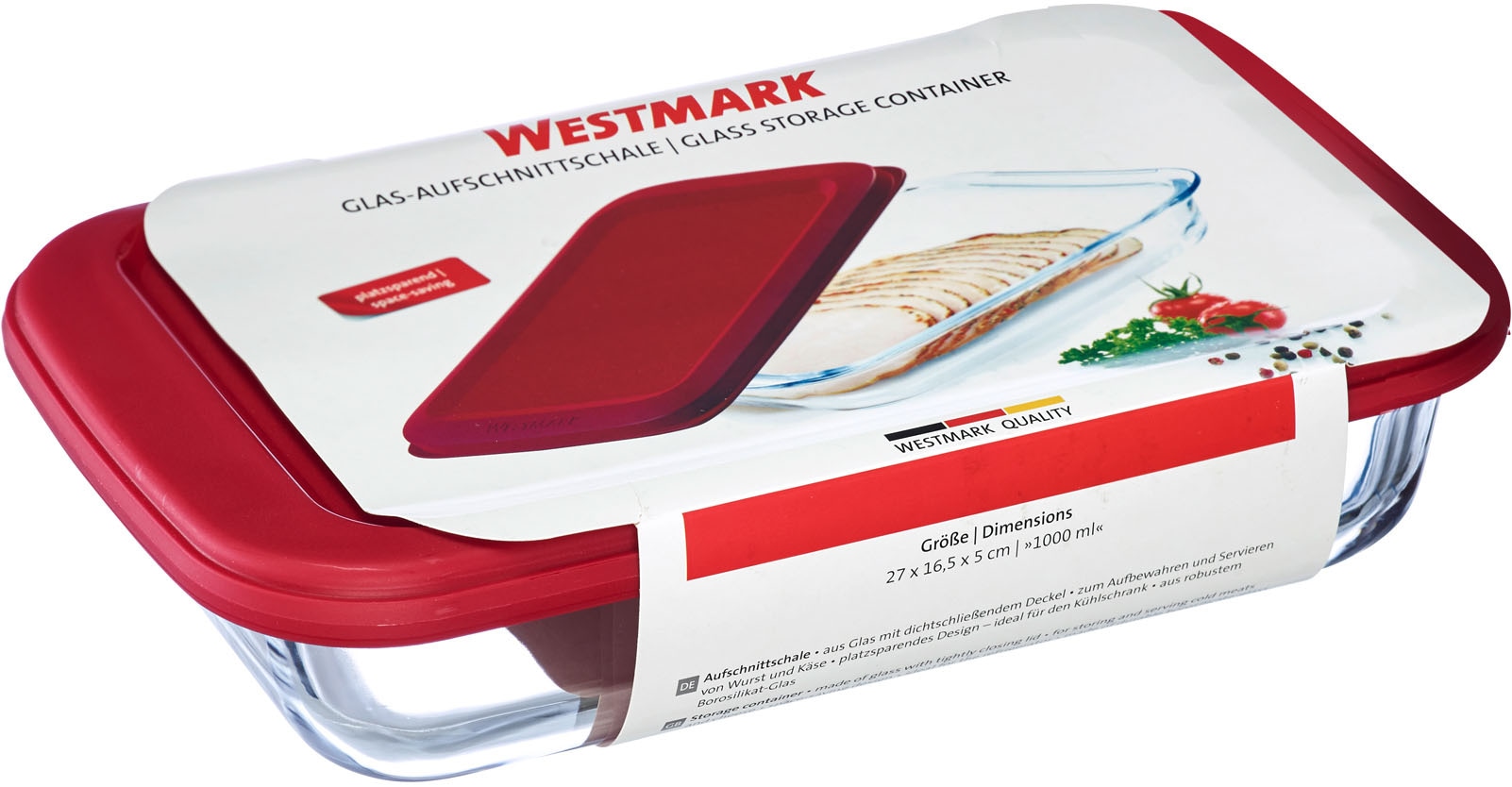 WESTMARK Frischhaltedose »Aufschnittschale, Glas, 1000 ml«, (1 tlg.), robustes Borosilikat-Glas, luftdicht zu verschließen, 1000 ml
