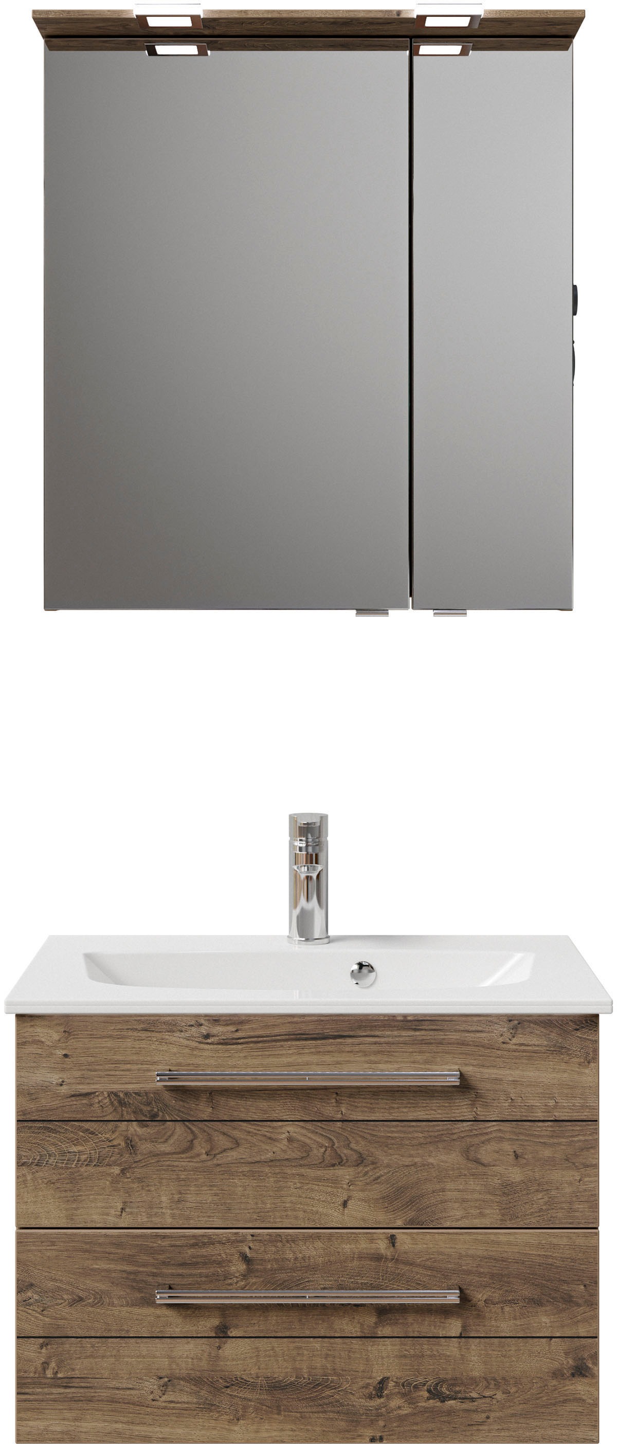 Saphir Badmöbel-Set »Serie 6025 2-teilig Mineralmarmor-Waschtisch mit LED-Spiegelschrank«, (2 St.), Waschplatz 67 cm breit, 2 Schubladen, 2 Spiegel-Türen, inkl Türdämpfer
