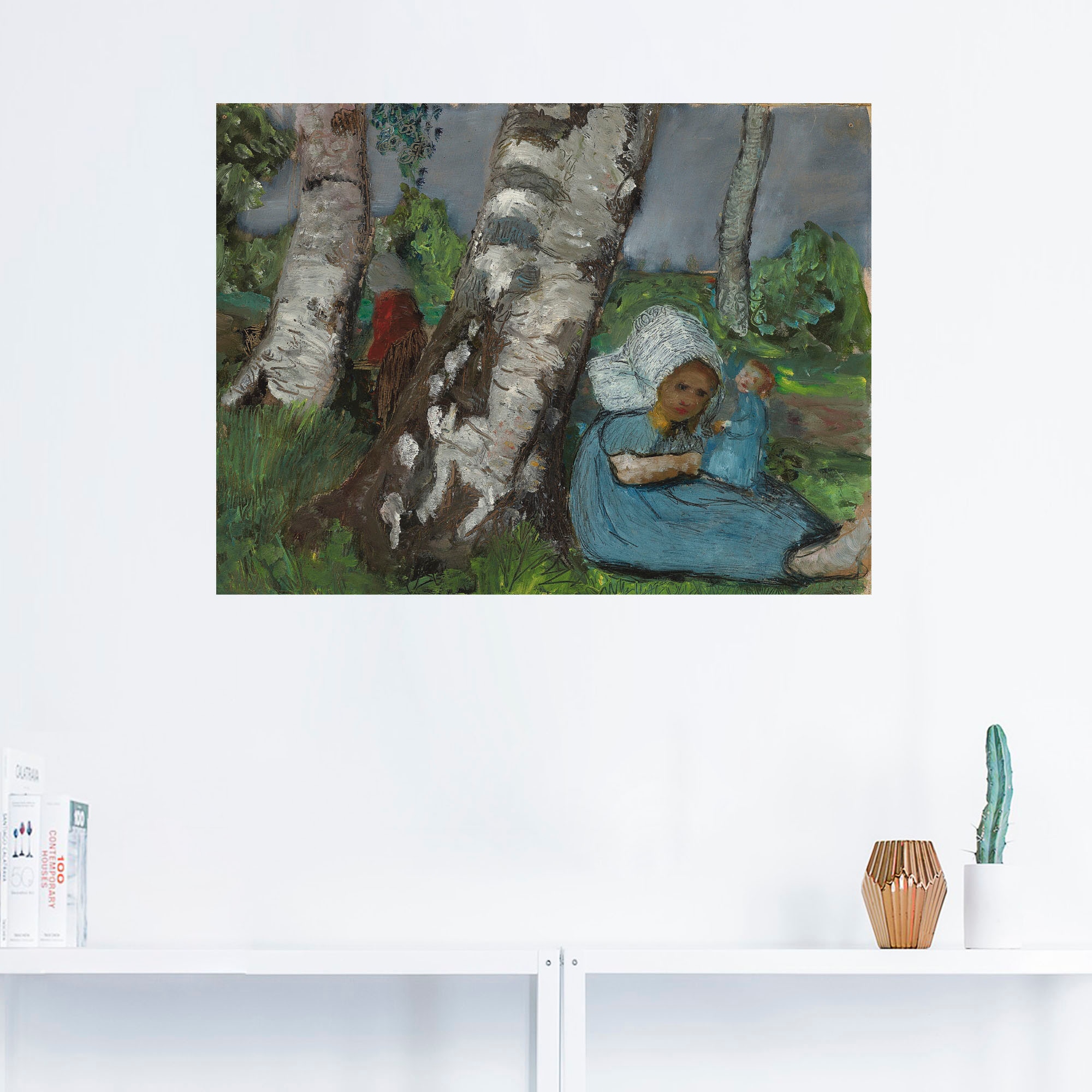 Artland Wandbild »Kind mit Puppe am Birkenstamm sitzend«, Kind, (1 St.), als Leinwandbild, Wandaufkleber oder Poster in versch. Größen
