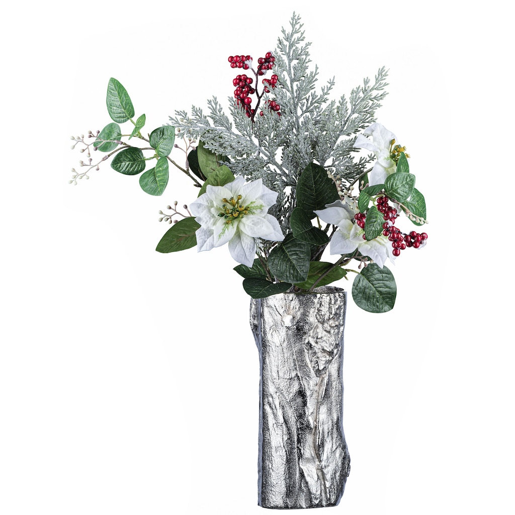 Creativ deco Dekovase »Weihnachtsdeko«, (Set, 2 St., 1 Vase, 1 Bouquet), mit Poinsettien-Mix-Bouquet in beschneiter Optik