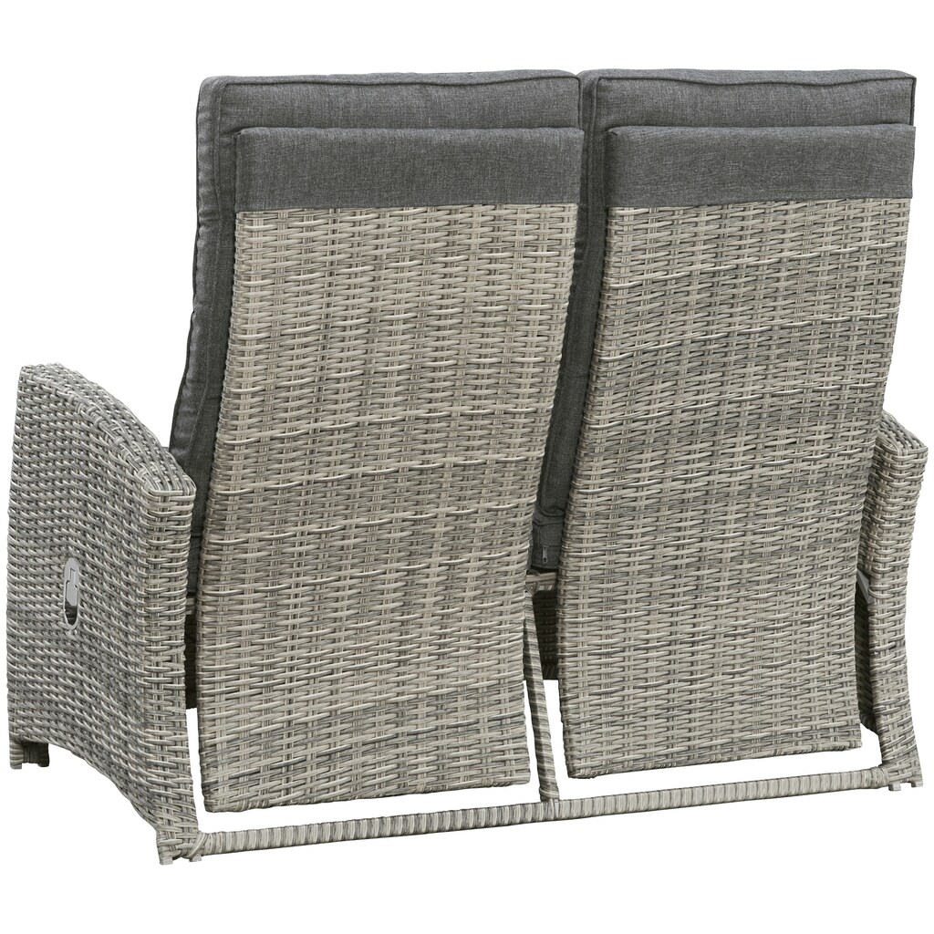 KONIFERA Garten-Essgruppe »Monaco«, (Set, 16 tlg., 1x2er Sofa, 2x Sessel, 2x Hocker, 1x Tisch 120x70x66cm, inkl. Auflagen), Polyrattan, Aluminium, Rückenlehne verstellbar, Grau