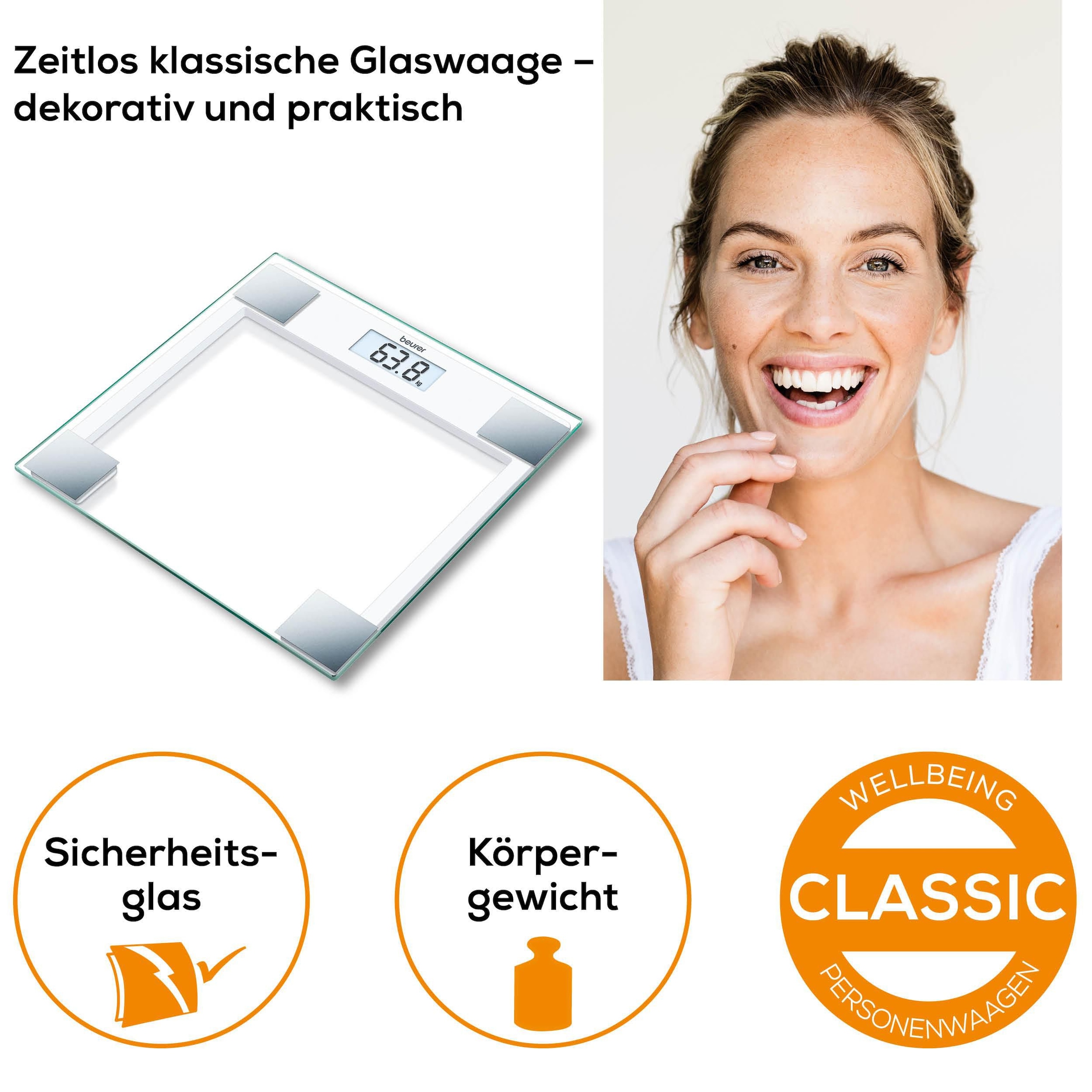 BEURER Personenwaage »GS 14 mit Wiegefläche aus extra klarem Sicherheitsglas«, Flache Bauhöhe, Tragkraft bis 150 kg, Überlastungsanzeige