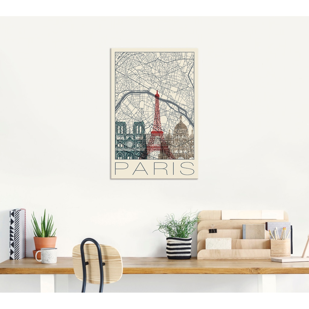 Artland Wandbild »Retro Karte Paris Frankreich und Skyline«, Frankreich, (1 St.)