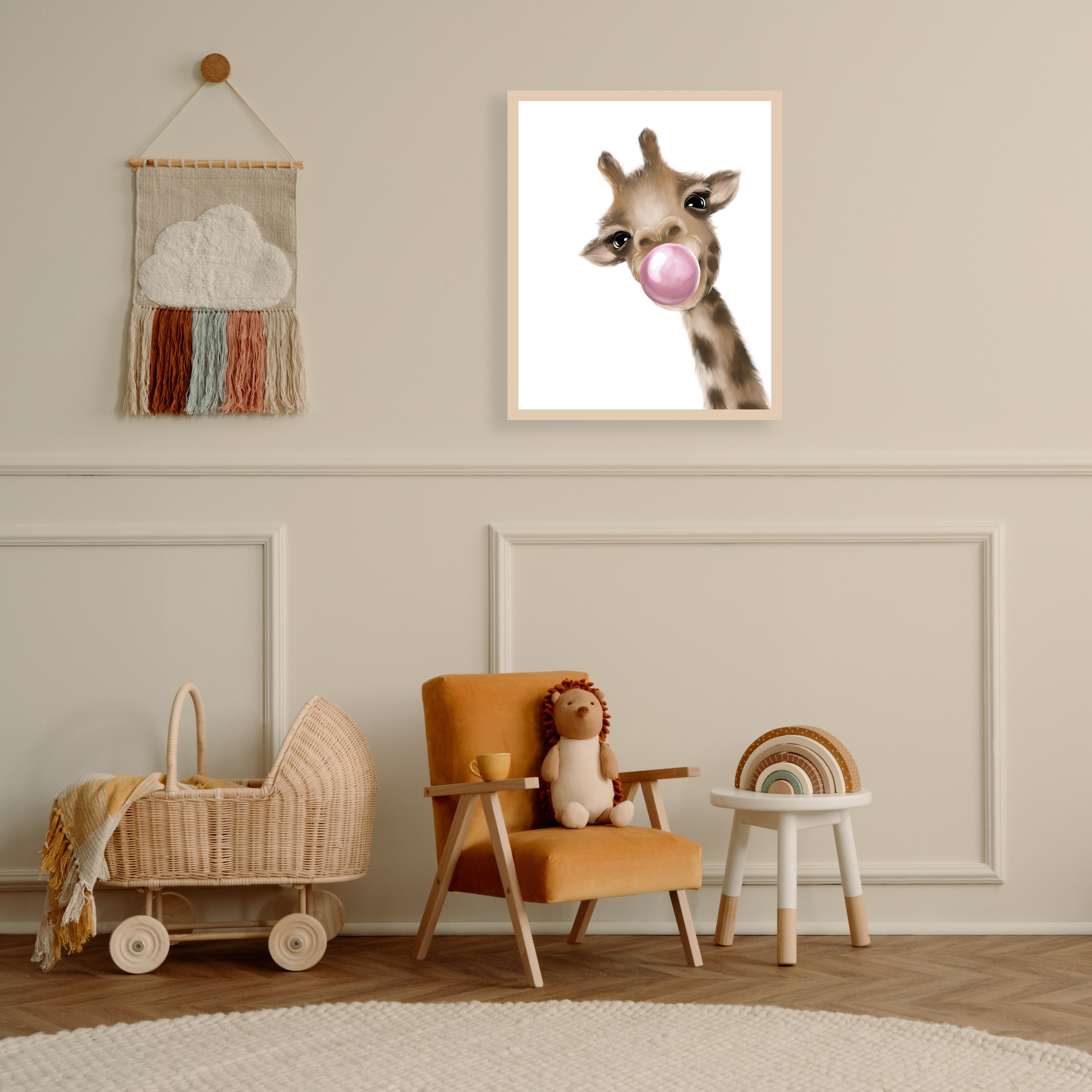 Lüttenhütt Bild mit Rahmen "Giraffe mit Kaugummi in Rosa", Fantasy-Giraffe- günstig online kaufen