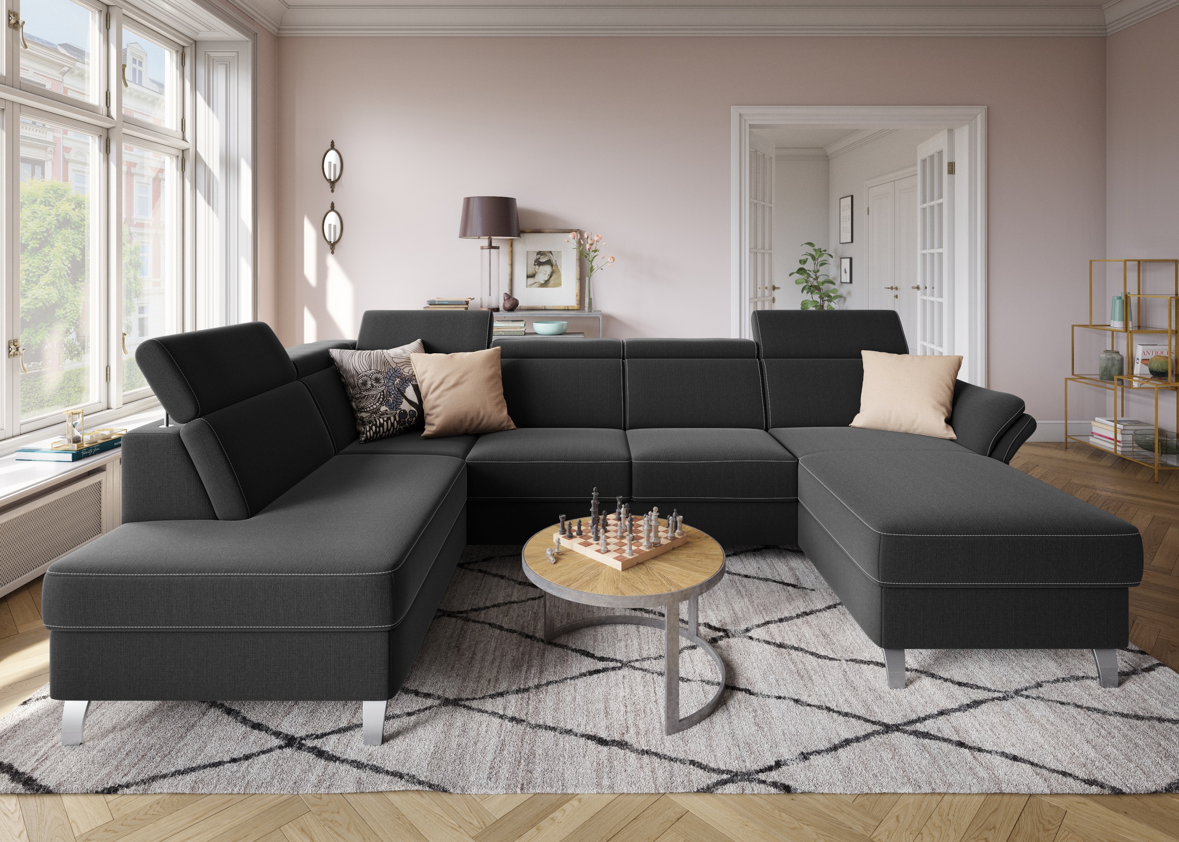 sit&more Wohnlandschaft »Vincenzo U-Form«, inklusive Kopfteilverstellung, wahlweise mit Bettfunktion, Bettkasten