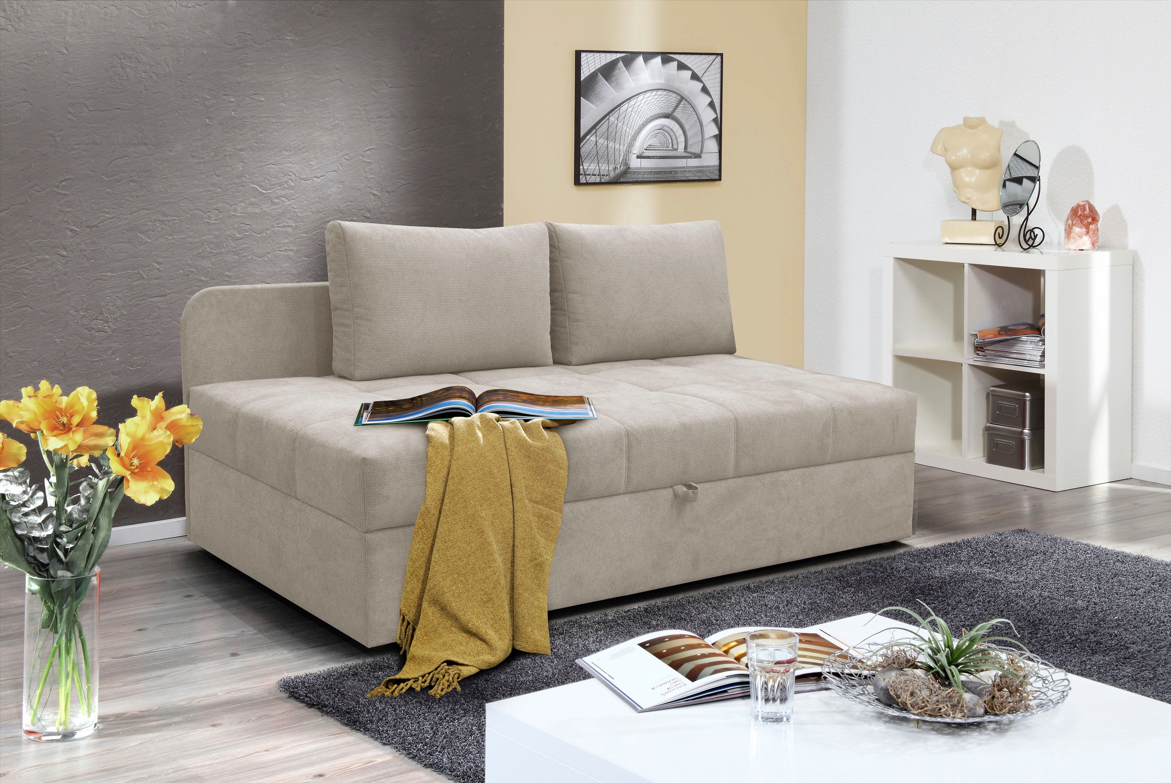 Schlafsofa ALINA "Marla", grau (hellgrau xbo 29), B:201cm H:73cm T:95cm, Struktur fein XBO (100% Polyester), Sofas, Schlafsofa, inkl. Stauraum und 2 Rückenkissen