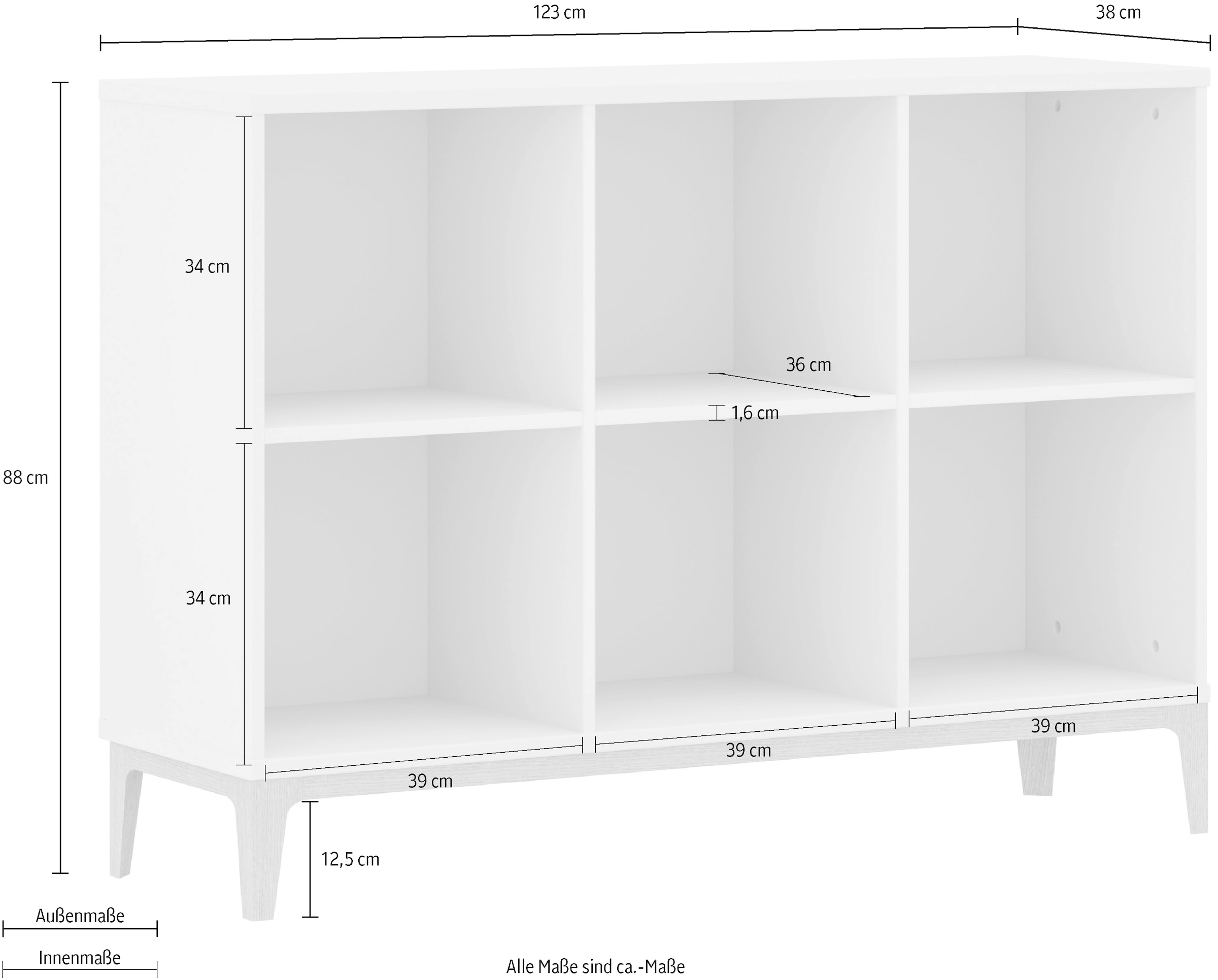 PAIDI Sideboard »CUTIE LEA in Weiß, 6 offene Fächer« B/H/T ca. 123/88/38cm, Off-White,  modernes & stabiles Regal aus Holz, offenes Standregal