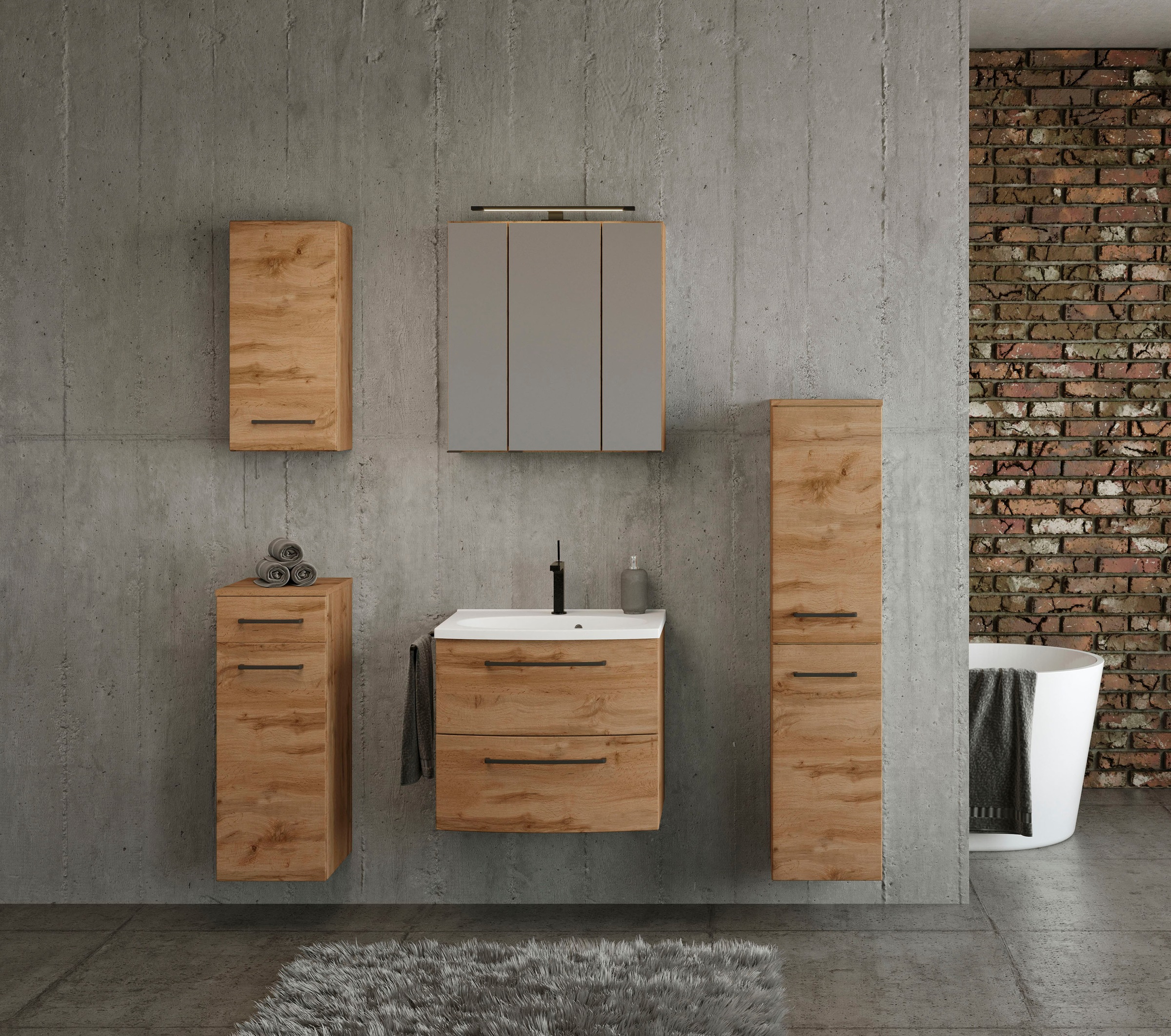 welltime Badmöbel-Set »Chicago«, (5 St., Spiegelschrank, Waschtisch, Hängeschrank, Unterschrank, Midischrank)