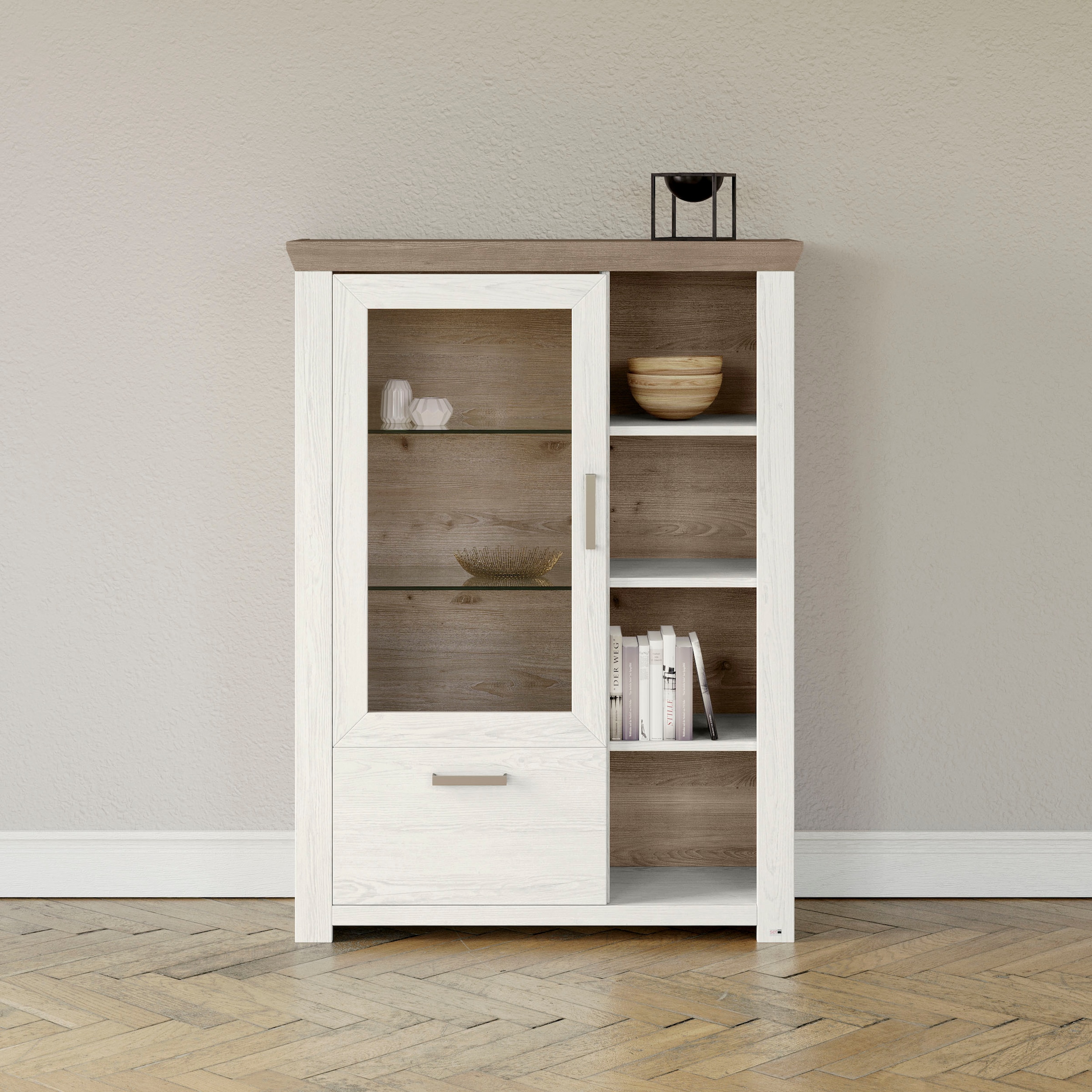 set one by Musterring Highboard »York«, Typ 13 und 14, mit Glastür und Schubkasten, 3 Farbvarianten, B 105 cm
