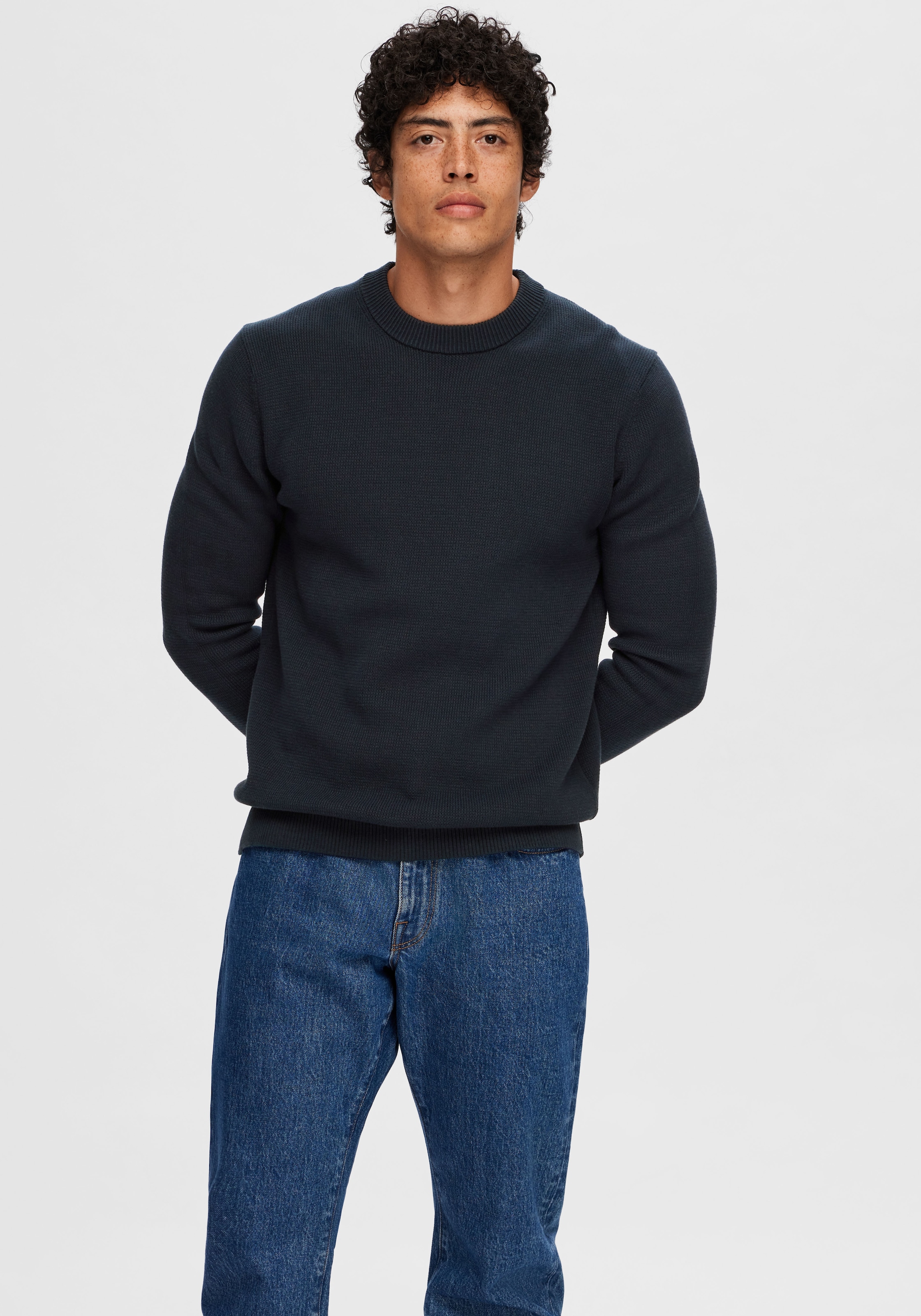 SELECTED Rundhalspullover "SLHDANE LS KNIT STRUCTURE CREW NECK NOOS" Baumwo günstig online kaufen