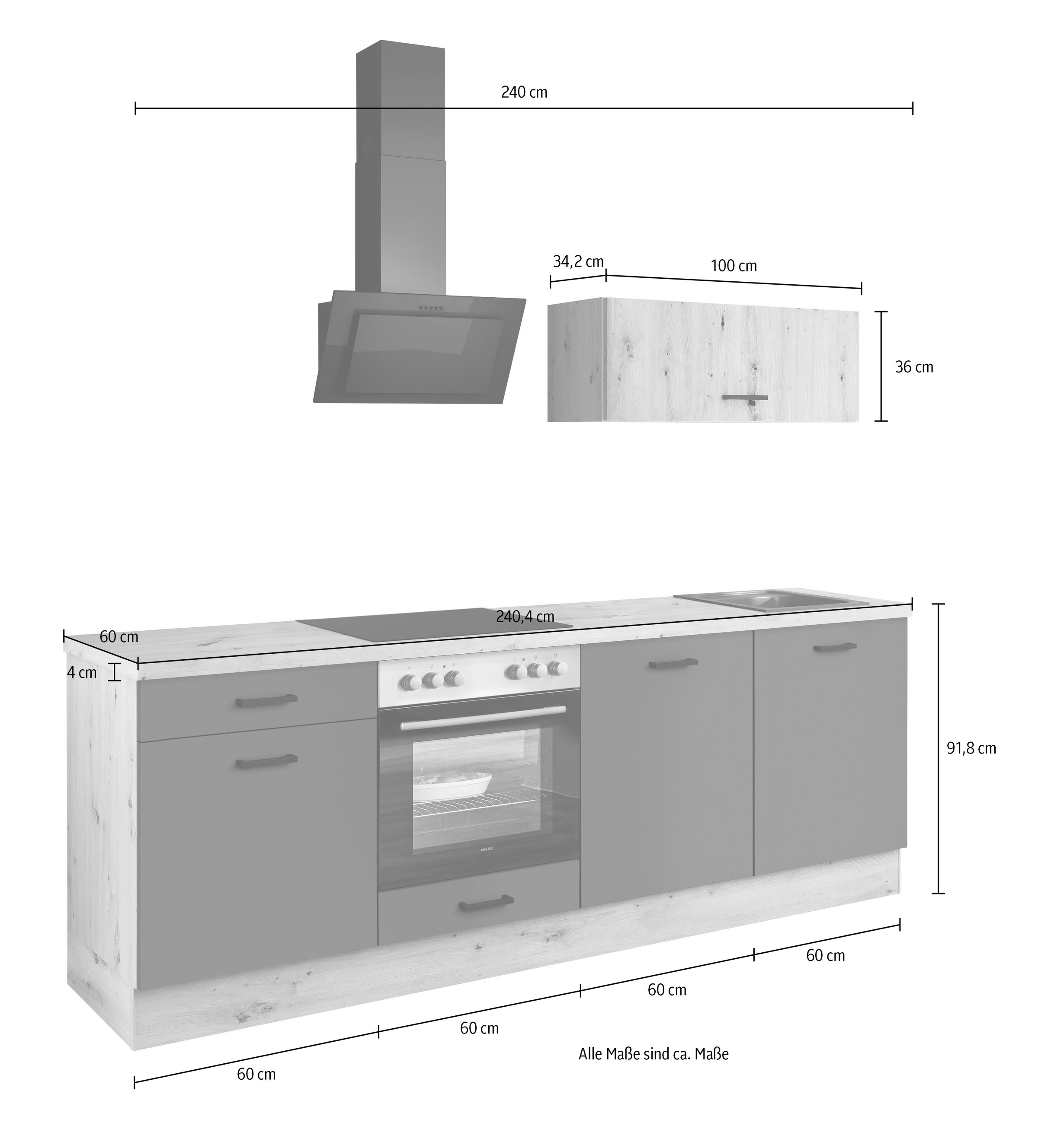 IMPULS KÜCHEN Küchenzeile »Lissabon, Ausrichtung wählbar, Schubkästen mit Soft-Close« Set,  vormontiert, in verschiedenen Farben erhältlich, Breite 240 cm