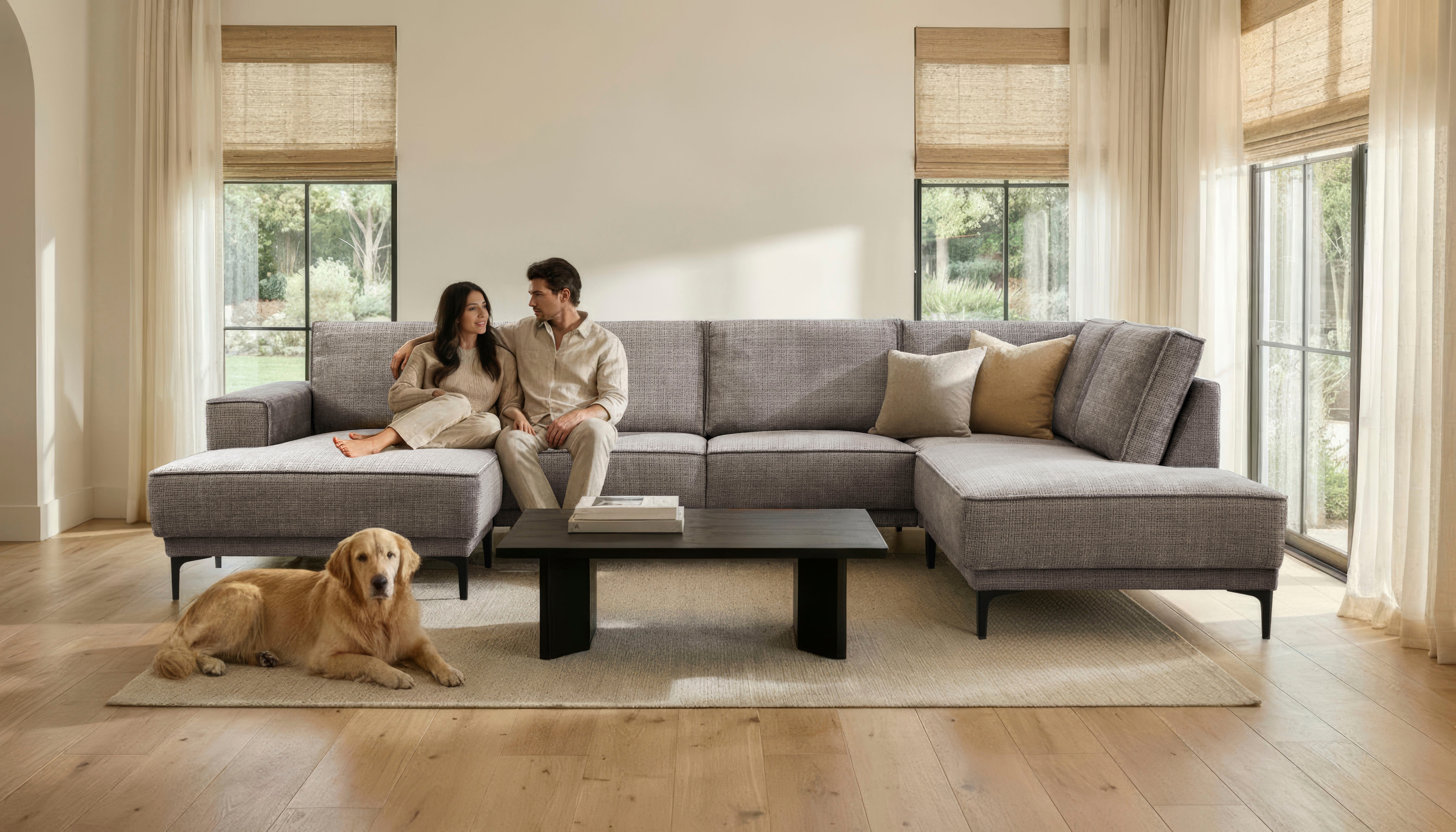 OTTO home Wohnlandschaft "OLAND Chenille U-Form, XXL, B: 345 cm, Skandi-Design" U-Form, 345 cm, Wellenunterfederung, Skandi-Design, Metallfüße