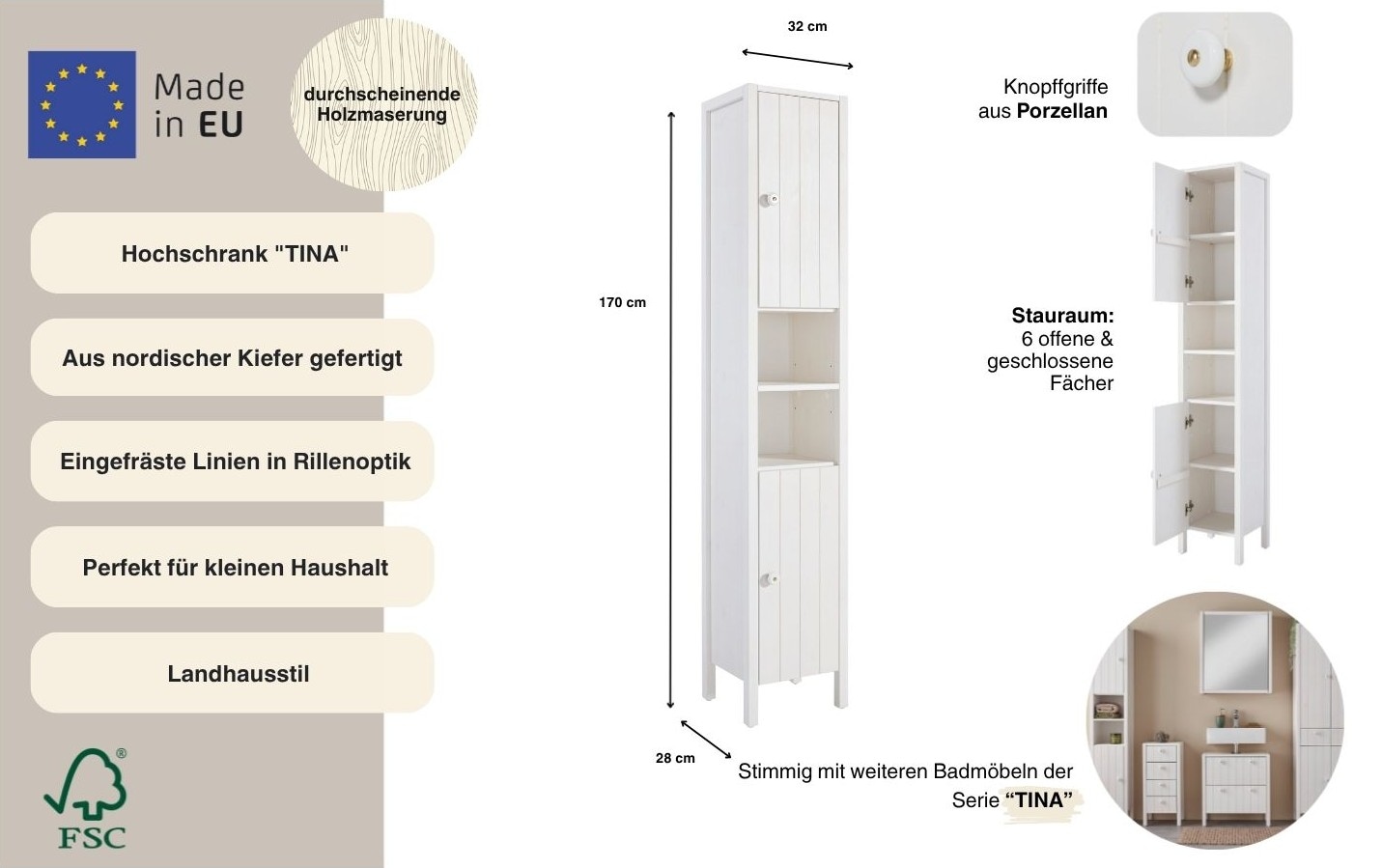 Home affaire Hochschrank »Tina« Badmöbel,  Schrank, Breite 31,5 cm, Massivholz