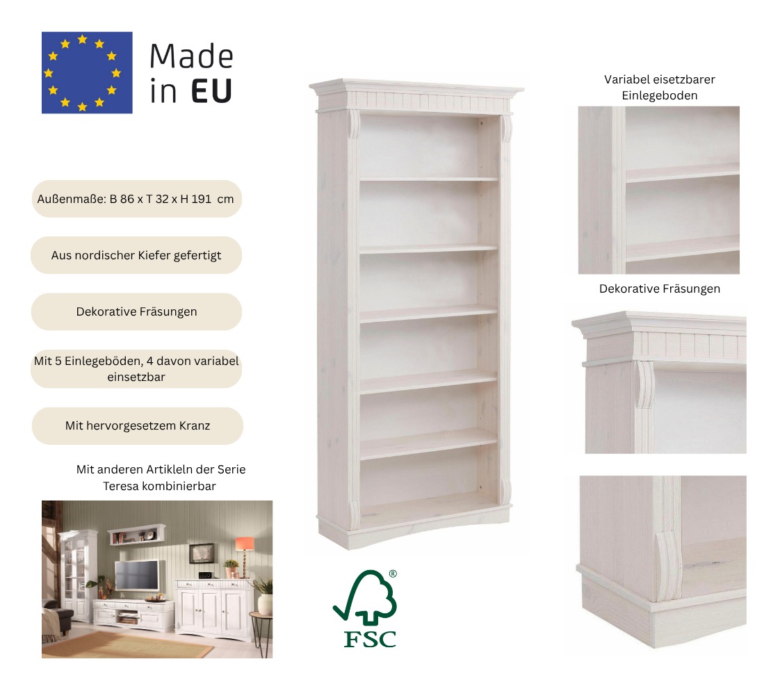 Thumbnail - Home affaire Regal "Teresa, Standregal, Bücherregal" aus massiver Kiefer, Breite 86 cm, Höhe 193 cm, FSC