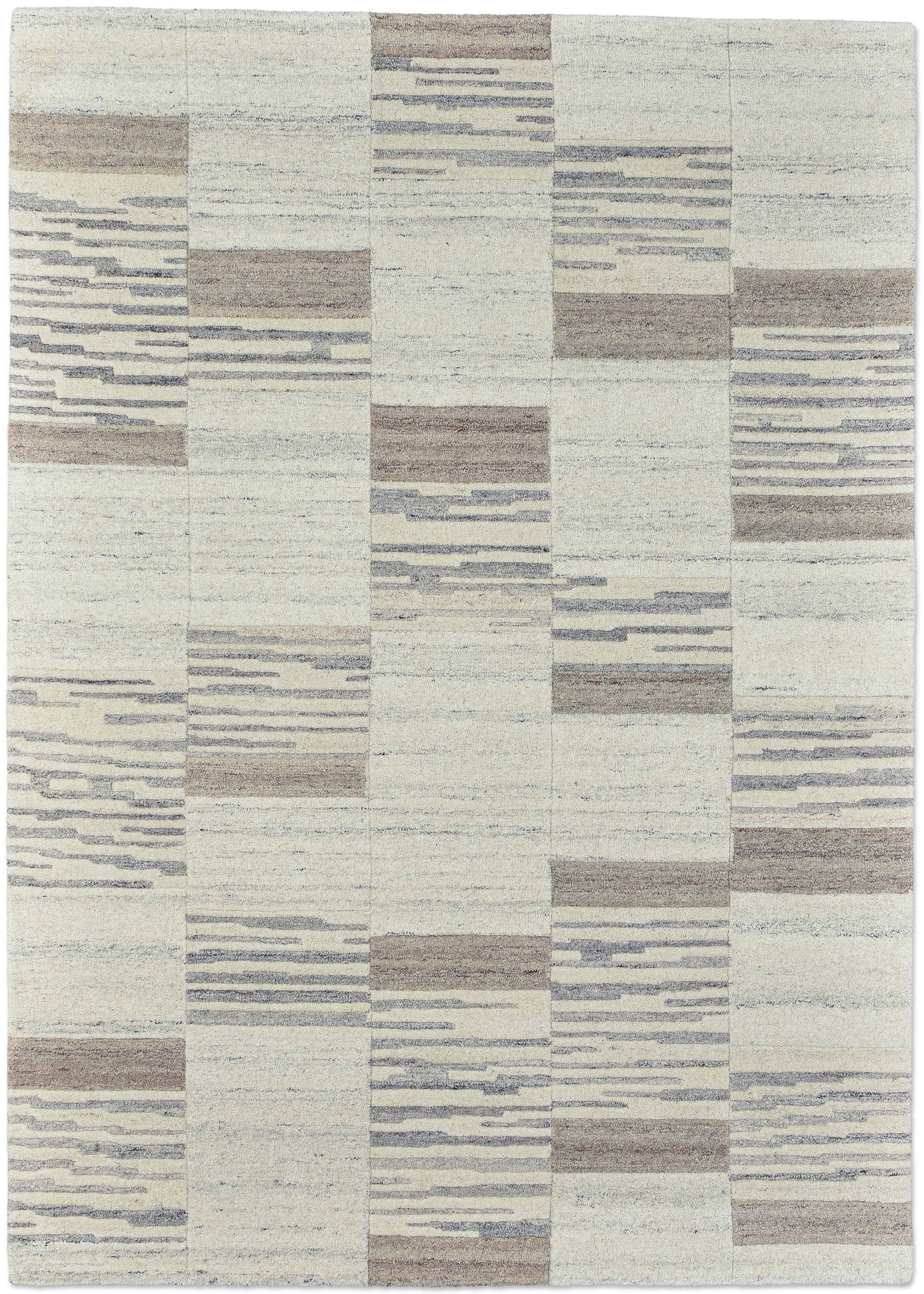 THEKO Wollteppich "Nakarta 5040, handgeknüpft" rechteckig 15 mm Höhe reine Wolle, meliert, Naturtöne, Patchworkdesign, Wohnzimmer