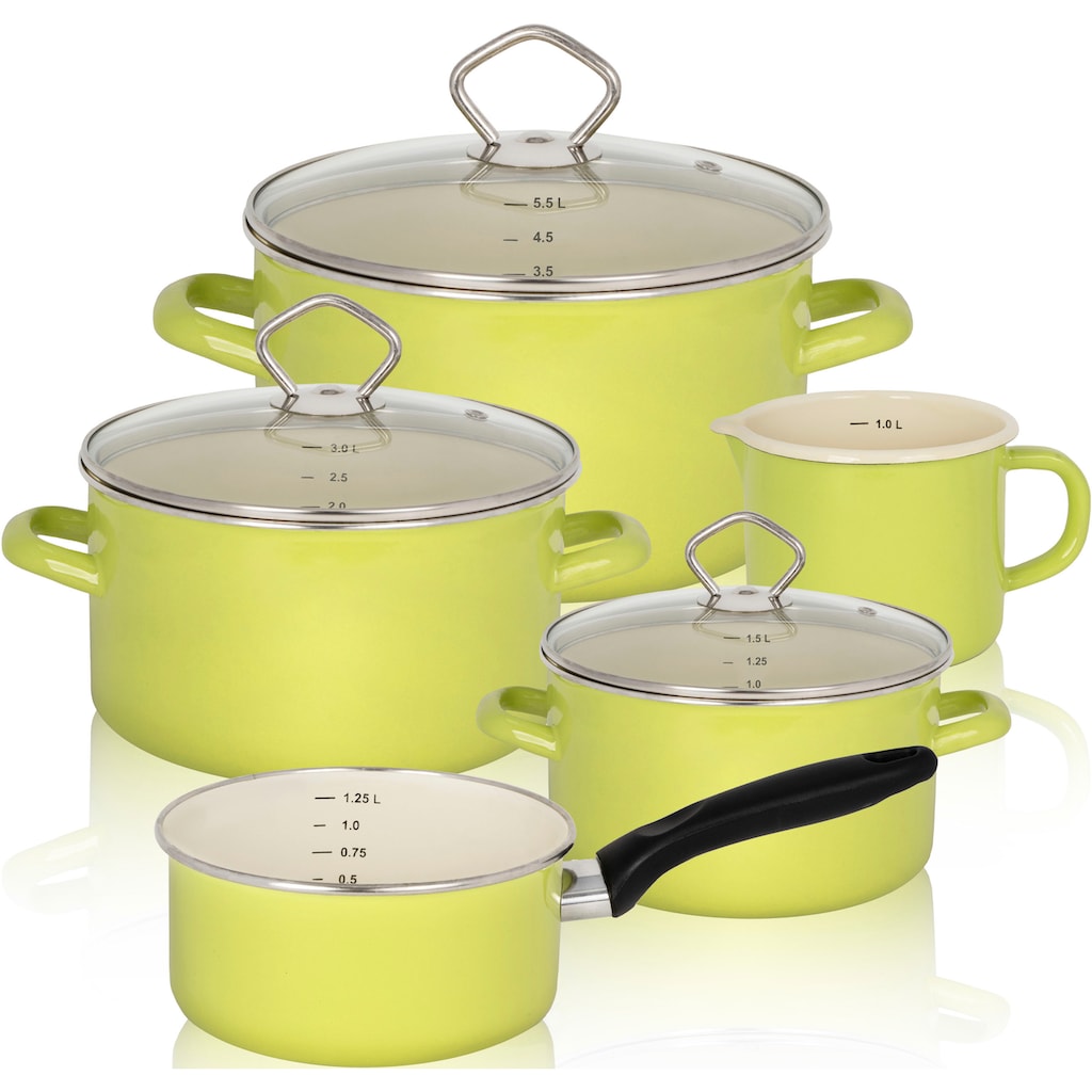 Krüger Topf-Set »Juist«, Emaille, (Set, 8 tlg., Fleischtopf 16/20/24 cm, Milchtopf 12 cm, Stieltopf 16 cm)