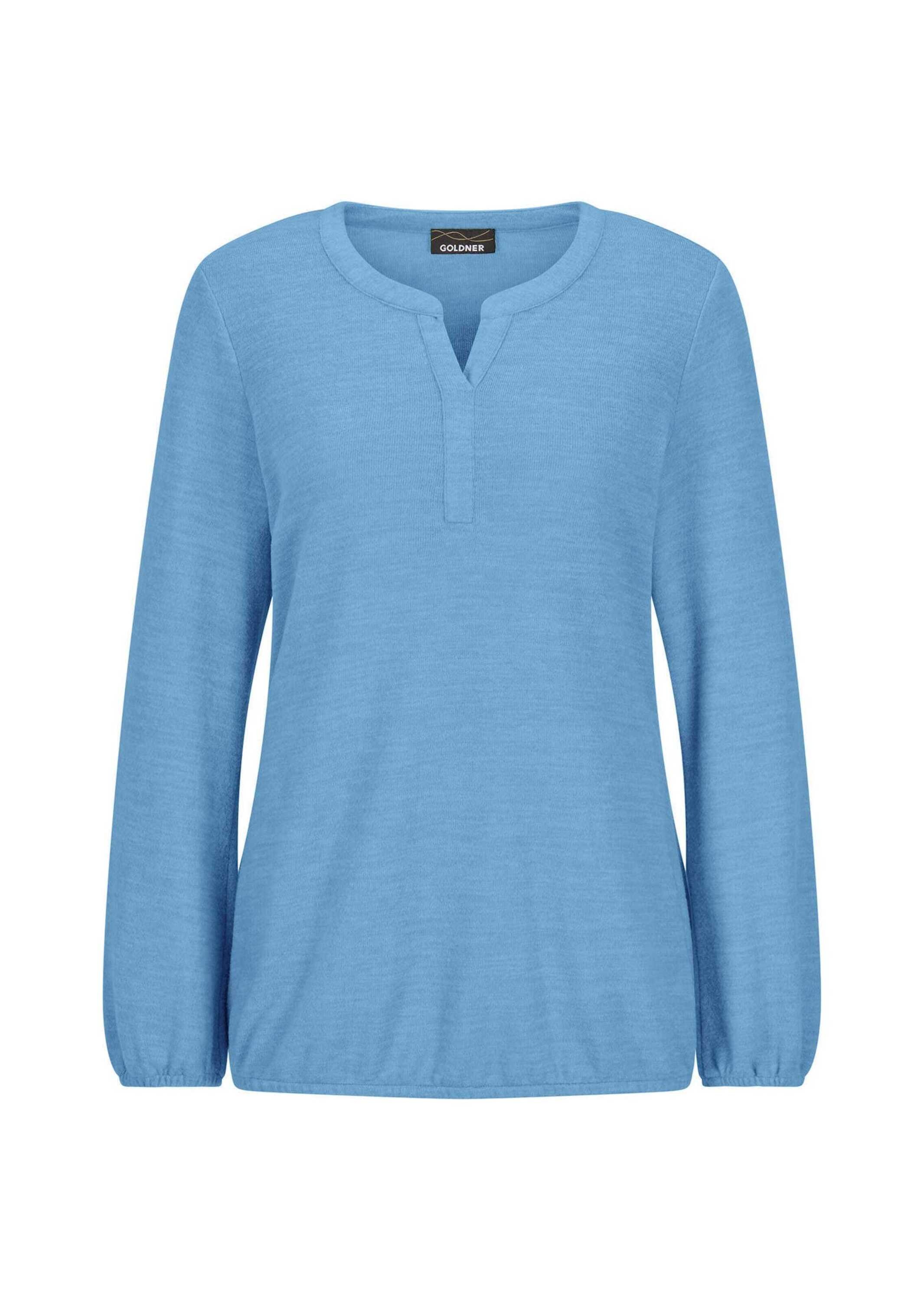 Langarmshirt GOLDNER "Kurzgröße Elegante Rundhals-Bluse mit Zierblende", Damen, Gr. 24, blau, Obermaterial: 80% Polyester PES. 15% Viskose CV. 5% Elasthan EL., Modisch, Shirts Langarmshirt, Gummibündchen