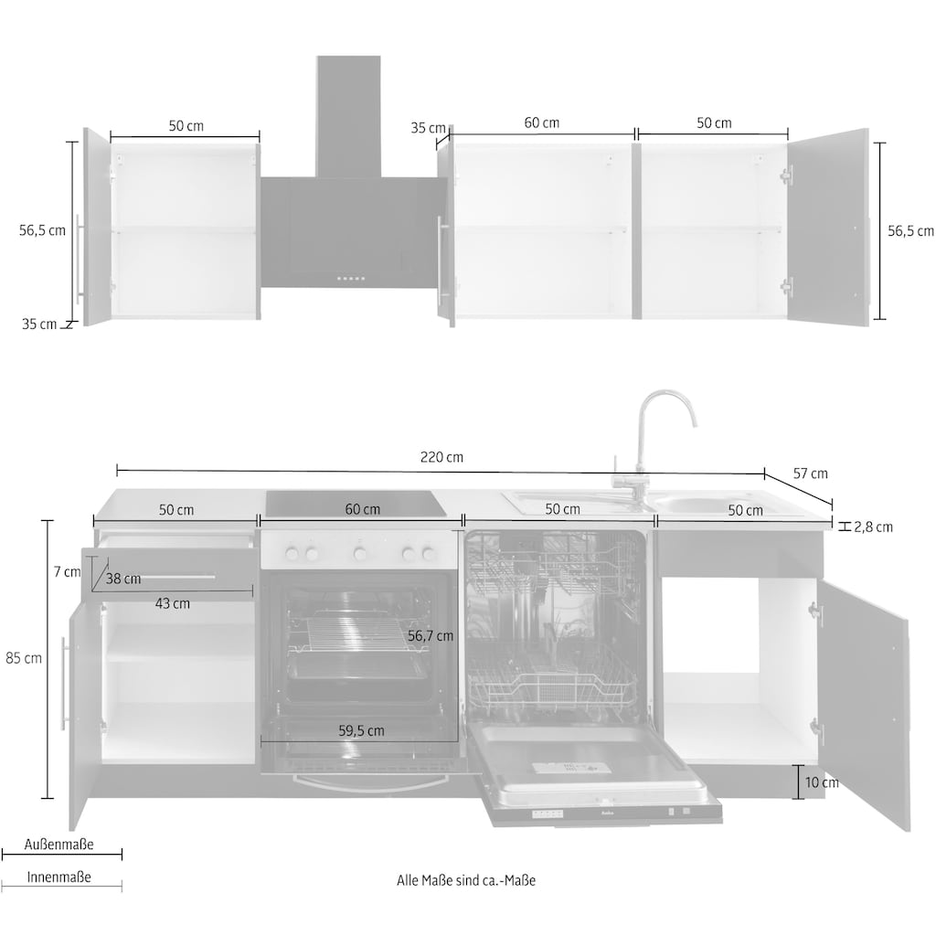 wiho Küchen Küchenzeile »Cali«, mit E-Geräten, Breite 220 cm mit Metallgriffen