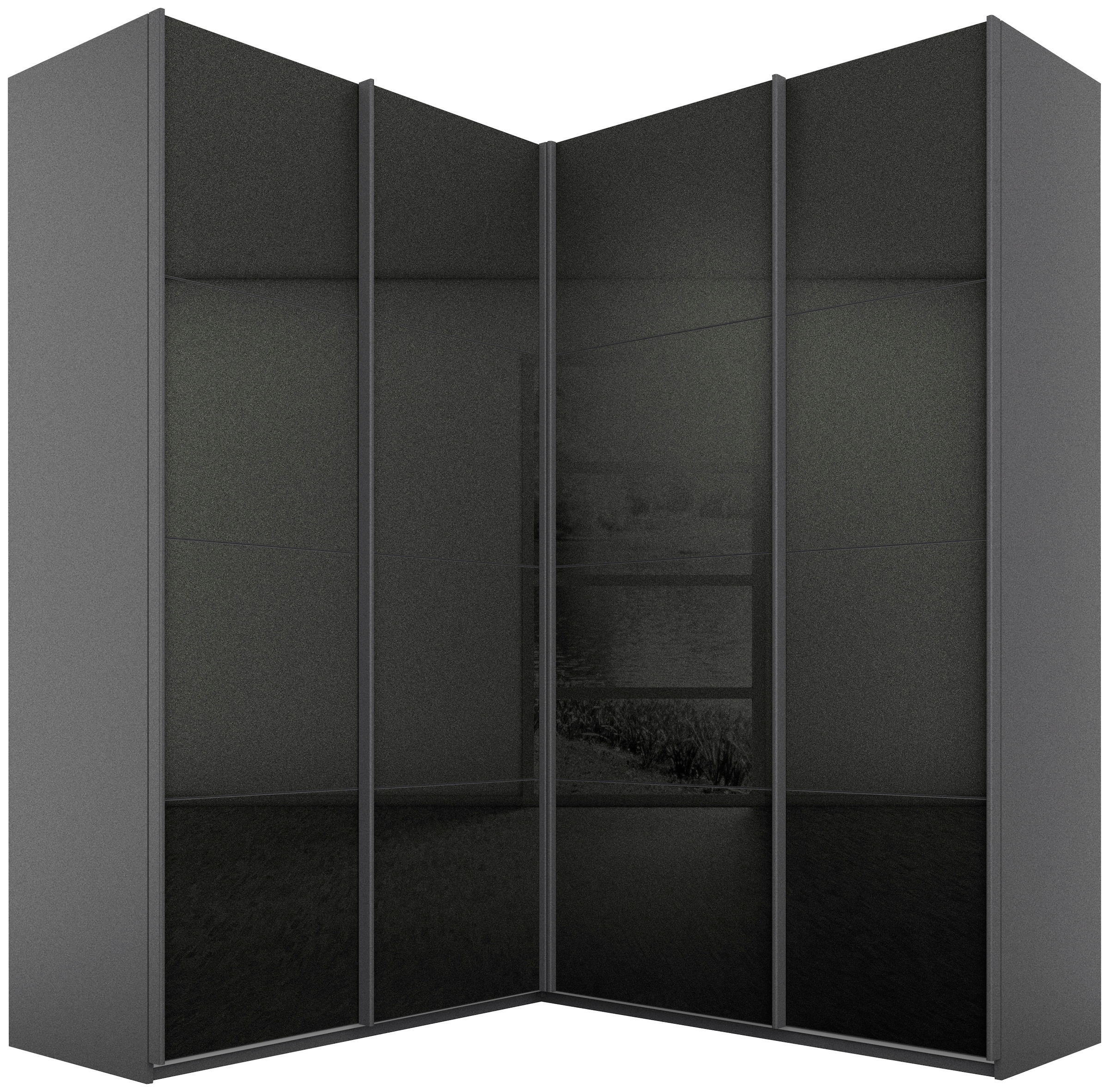 rauch Schwebetürenschrank "Schrank Garderobe Eckkleiderschrank QUADRA Front in Dekor/Hochglanz" in den Höhen 210/229 cm, inkl. Soft-Close-Funktion, großer Eckschrank mit viel Stauraum, Maß 181x187 cm MADE IN GERMANY