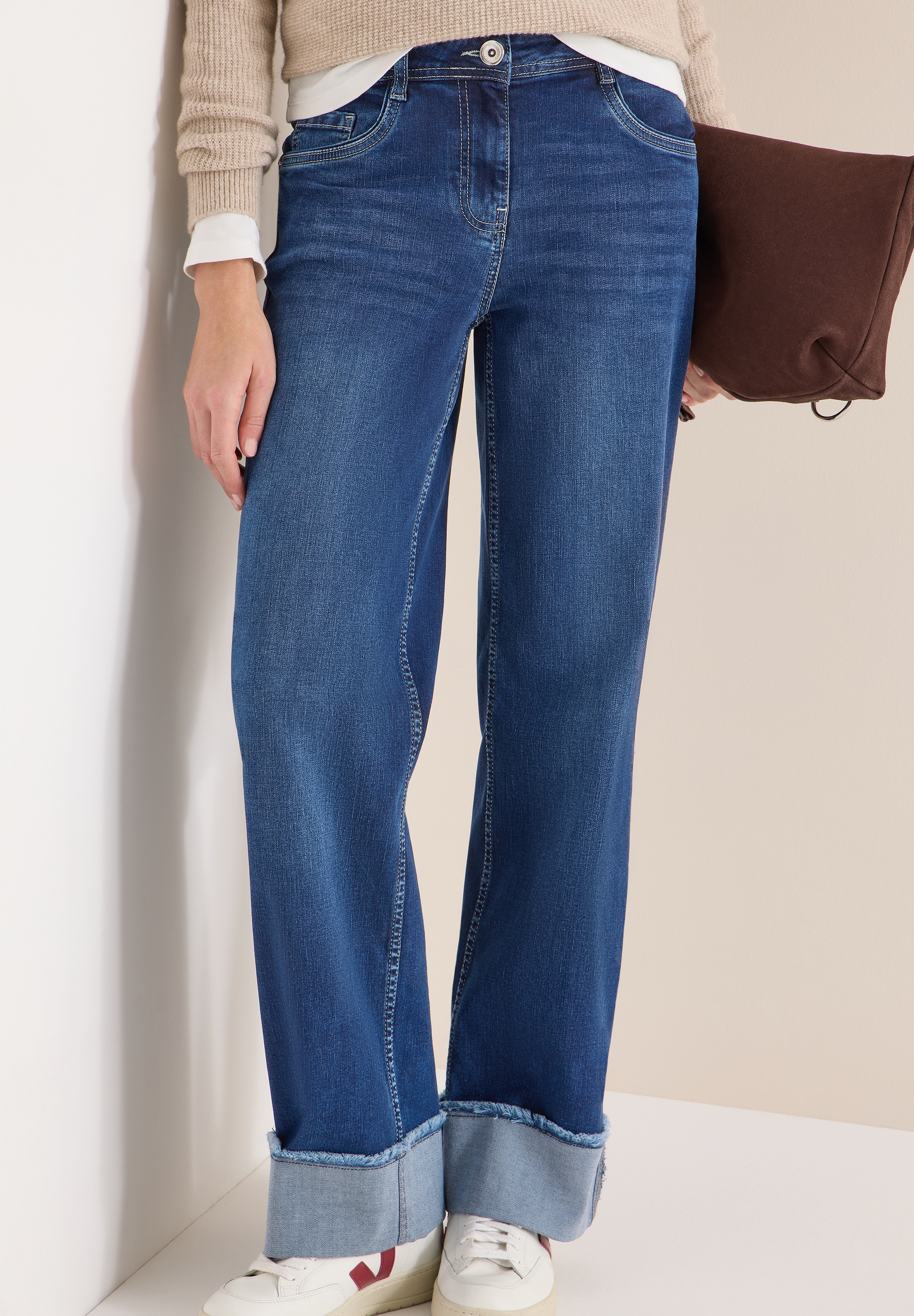 Cecil 5-Pocket-Jeans "Style NEELE" Wide Leg Washed-Look Jeans mit Aufschlag günstig online kaufen