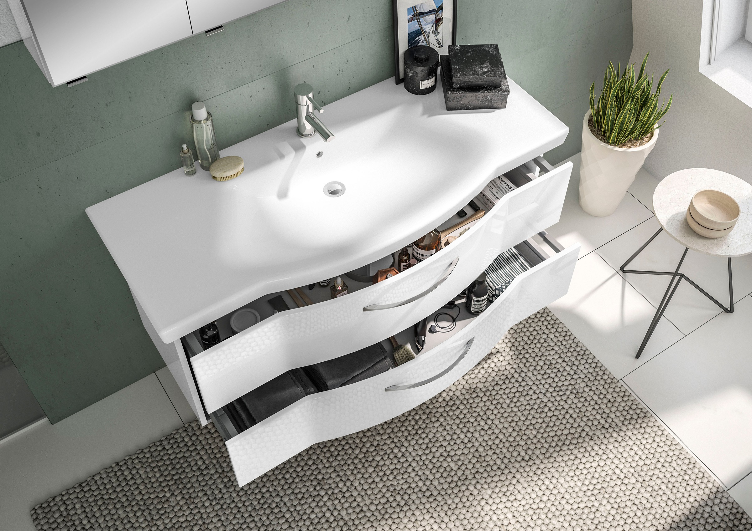 Saphir Badmöbel-Set »6005 Sprint 3-teilig, Keramik-Waschtisch mit LED-Spiegelschrank«, (4 St.), Midischrank, inkl. Türdämpfer, 4 Türen, 4 Schubladen, Bad-Set