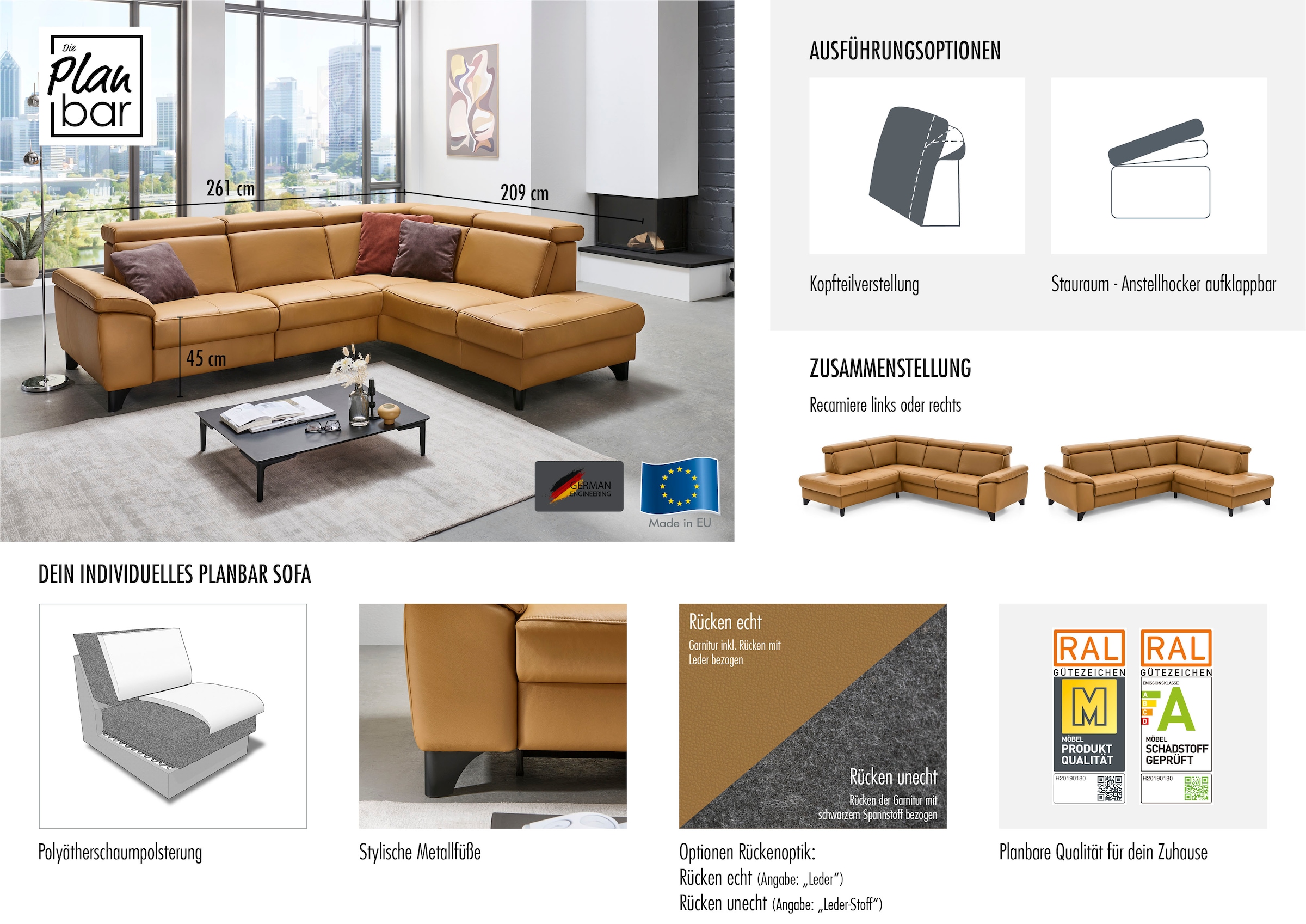 Die PlanBar Ecksofa »PN-EM23166 L-Form«, optional mit Kopfteilverstellung und Stauraum