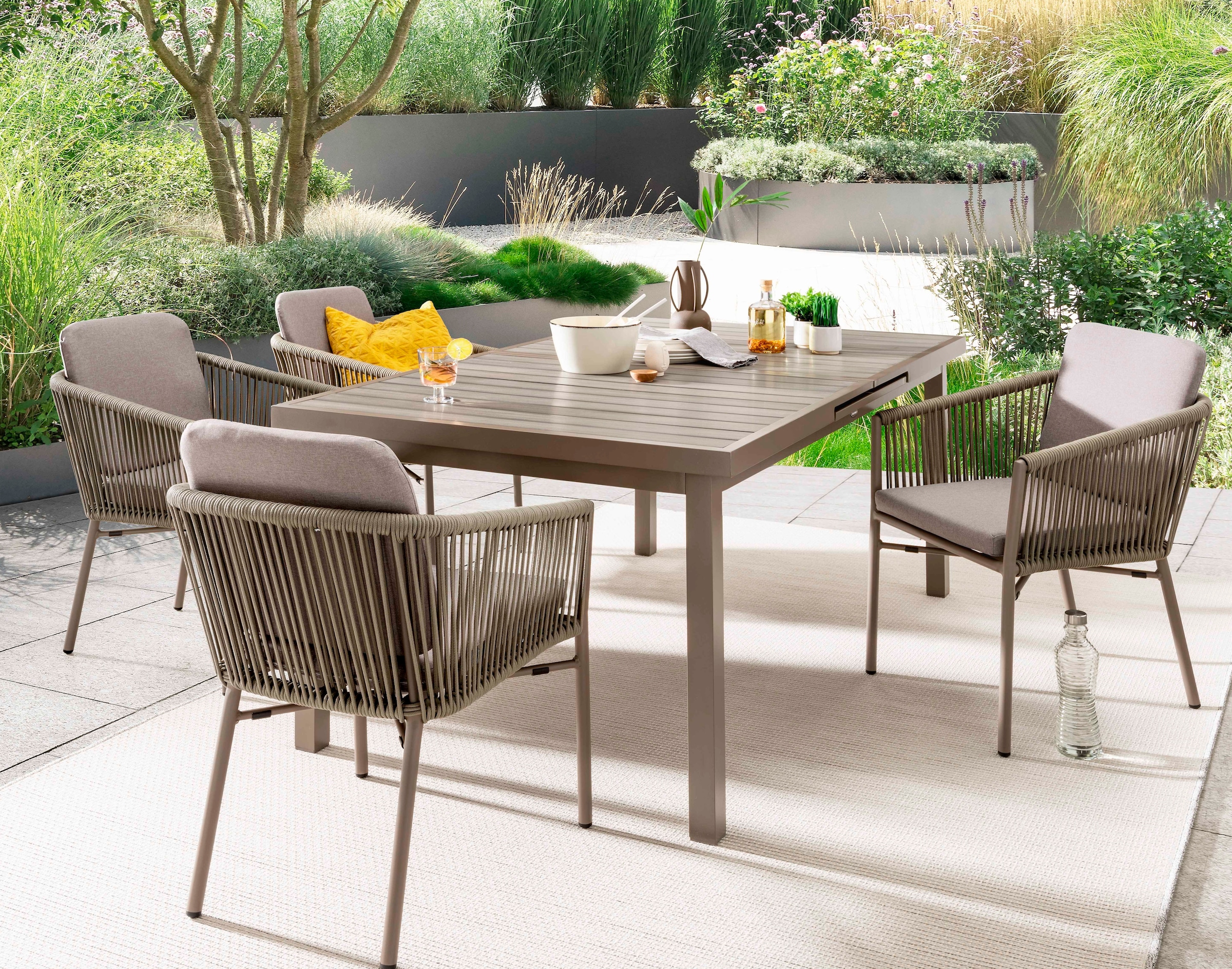 Destiny Garten-Essgruppe "LUCCA IMOLA", (13 tlg., 4x Sessel, 1x Tisch, inkl. Auflagen), Aluminium, Polyrattan, Rope