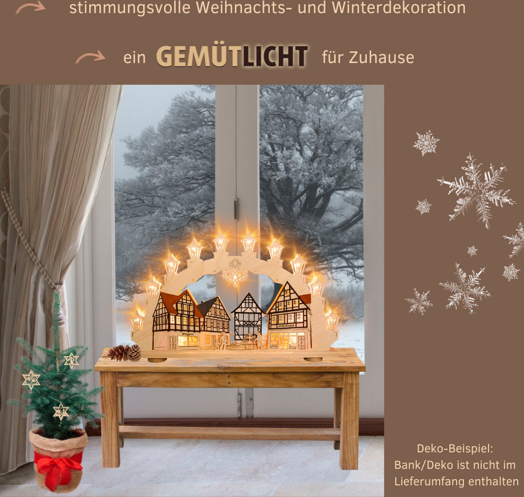Weigla LED Schwibbogen »Altstadt, Fachwerkhaus, Lichterbogen aus Holz«, Erzgebirge garantiert, Weihnachtsdeko Innen, Weihnachtsbeleuchtung