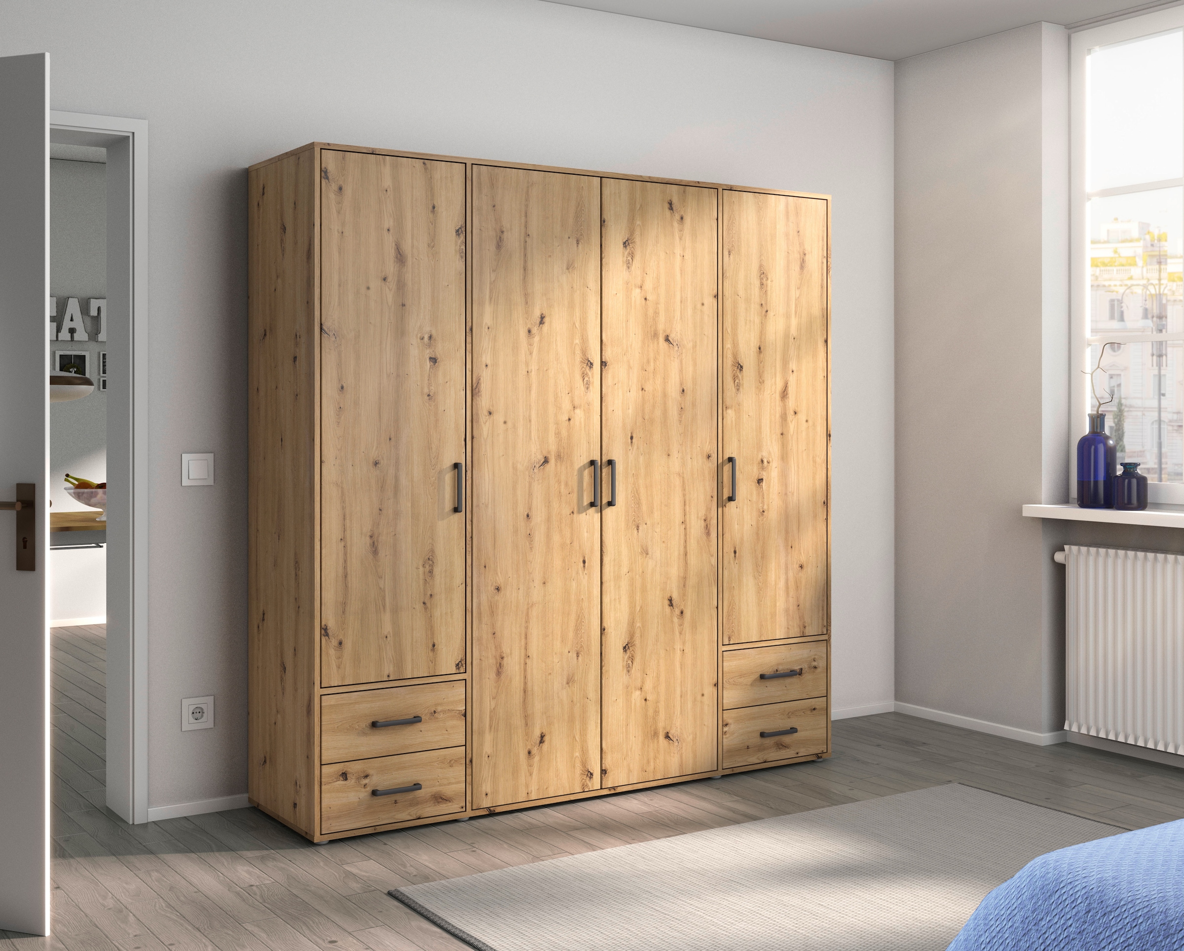 rauch Drehtürenschrank »Voyager, Kleiderschrank mit Außenschubkästen, Garderobe«, (in 3 verschiedenen Ausstattungen BASIC/CLASSIC/PREMIUM), Made in Germany