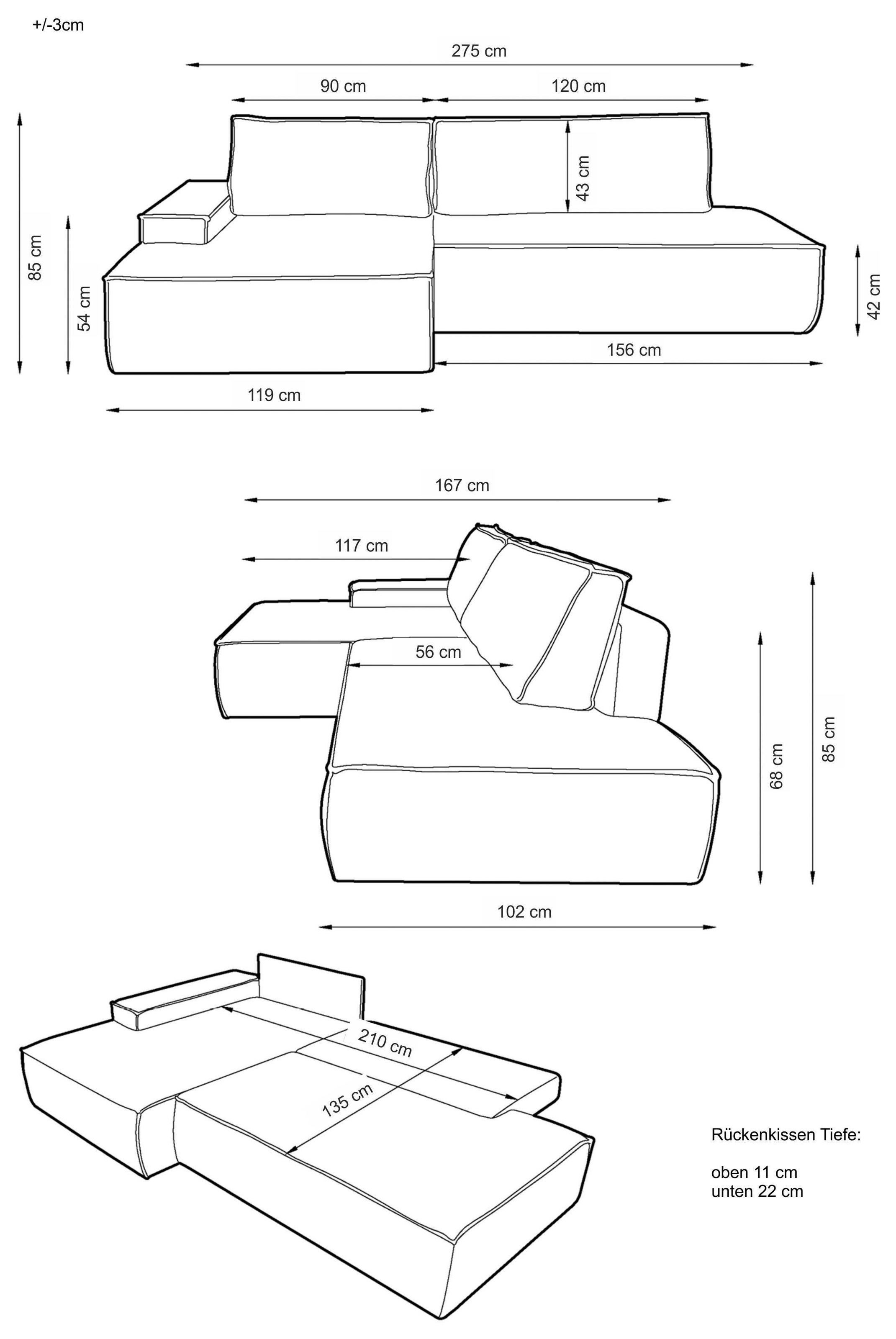 OTTO home Ecksofa »SHERWOOD,  Schlafsofa in L-Form offen (275cm), Cord, Leinenoptik« Schlaffunktion und Bettkasten, Kedernaht, hoher Sitz- & Liegekomfort,