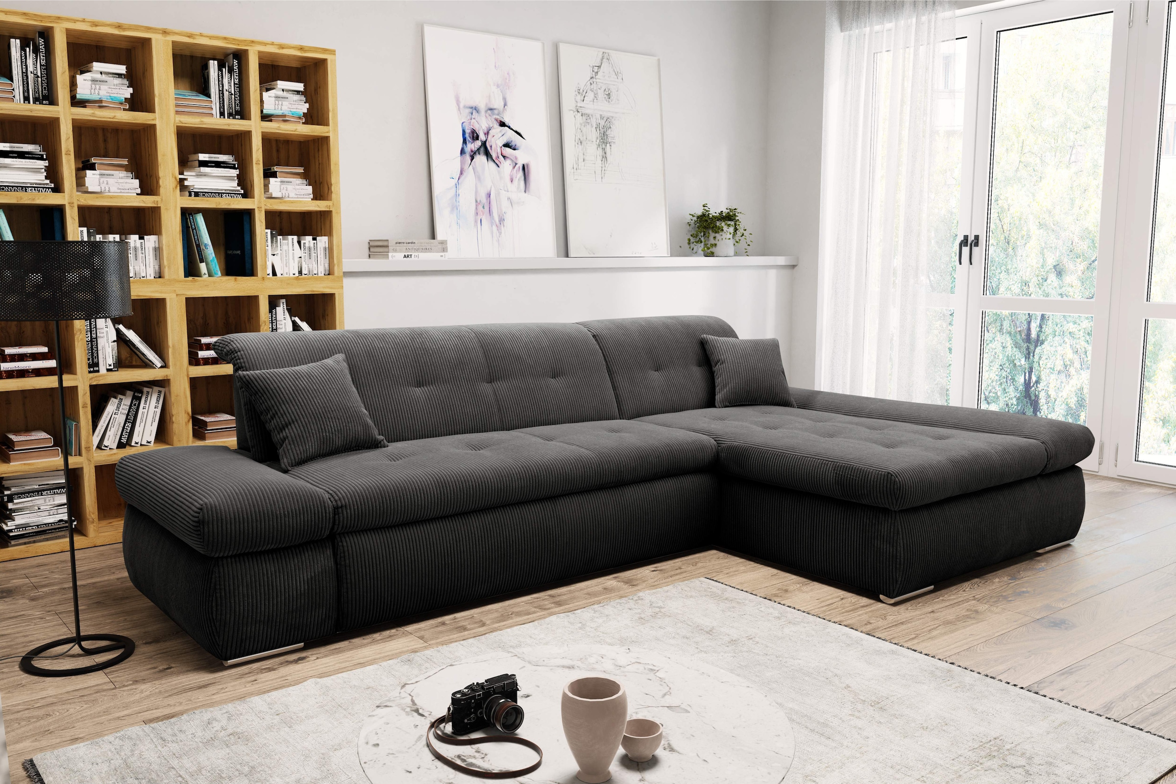 DOMO collection Ecksofa "MORIC Massiv - Belastbar bis 140 kgxSitz, 300x172 cm, XXL-Format" L-Form, Cord, grau