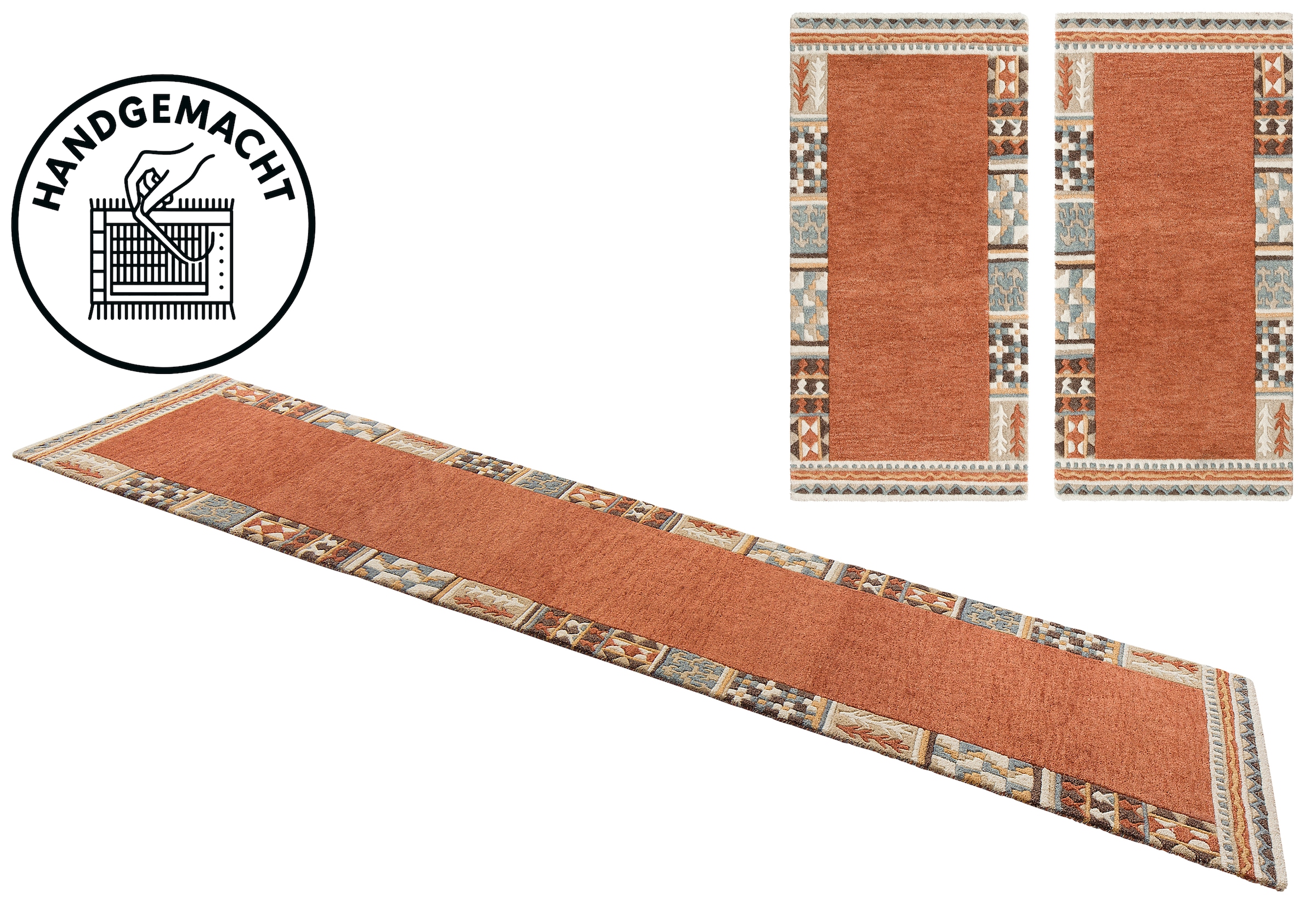 THEKO Bettumrandung "Nuno, handgearbeitet, mit Bordüre" Höhe 14 mm 3 Stk. tlg. Bettvorleger, reine Wolle, handgetuftet, Läufer-Set, Schlafzimmer
