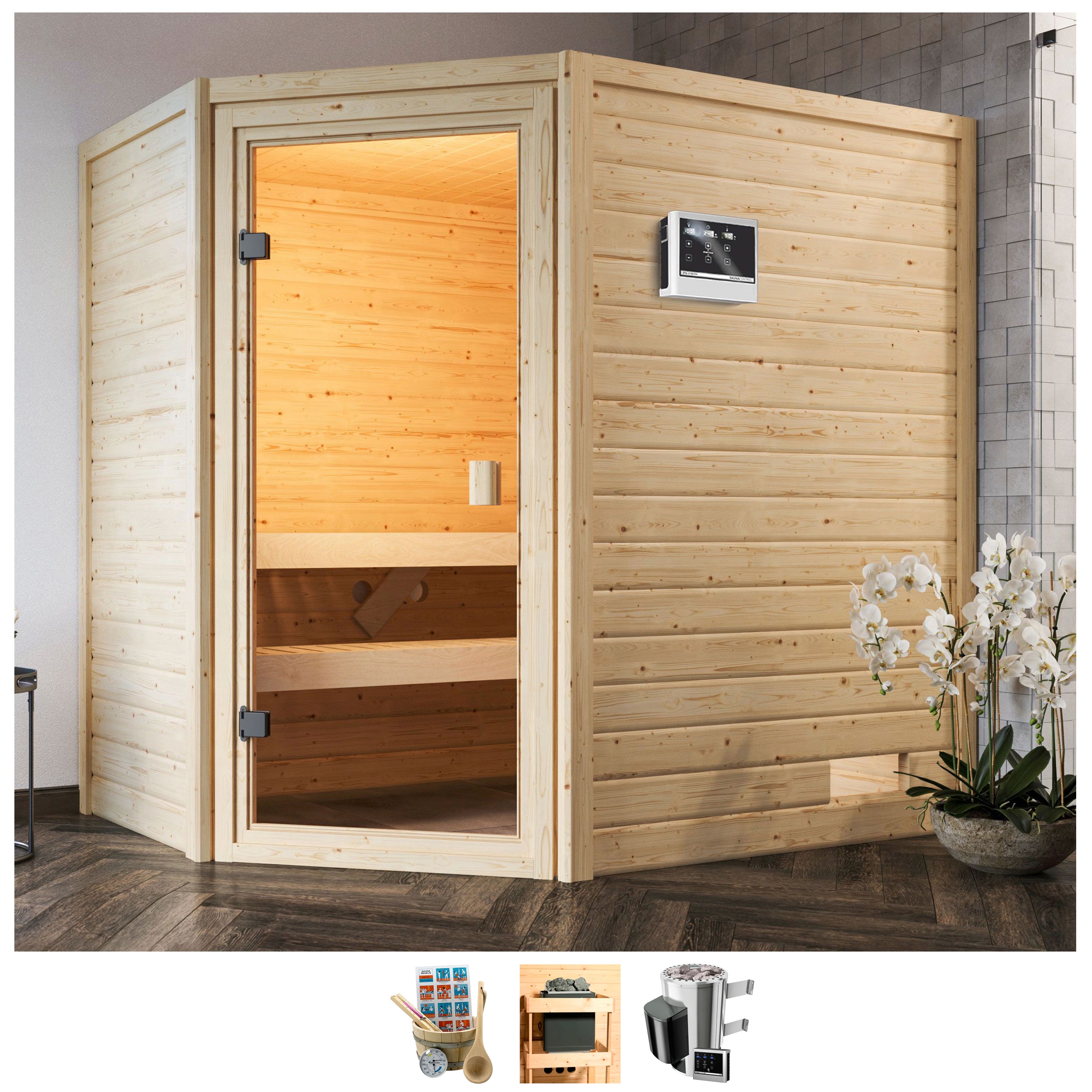 welltime Sauna "Juli", 3,6-kW-Plug & Play Ofen mit ext. Steuerung