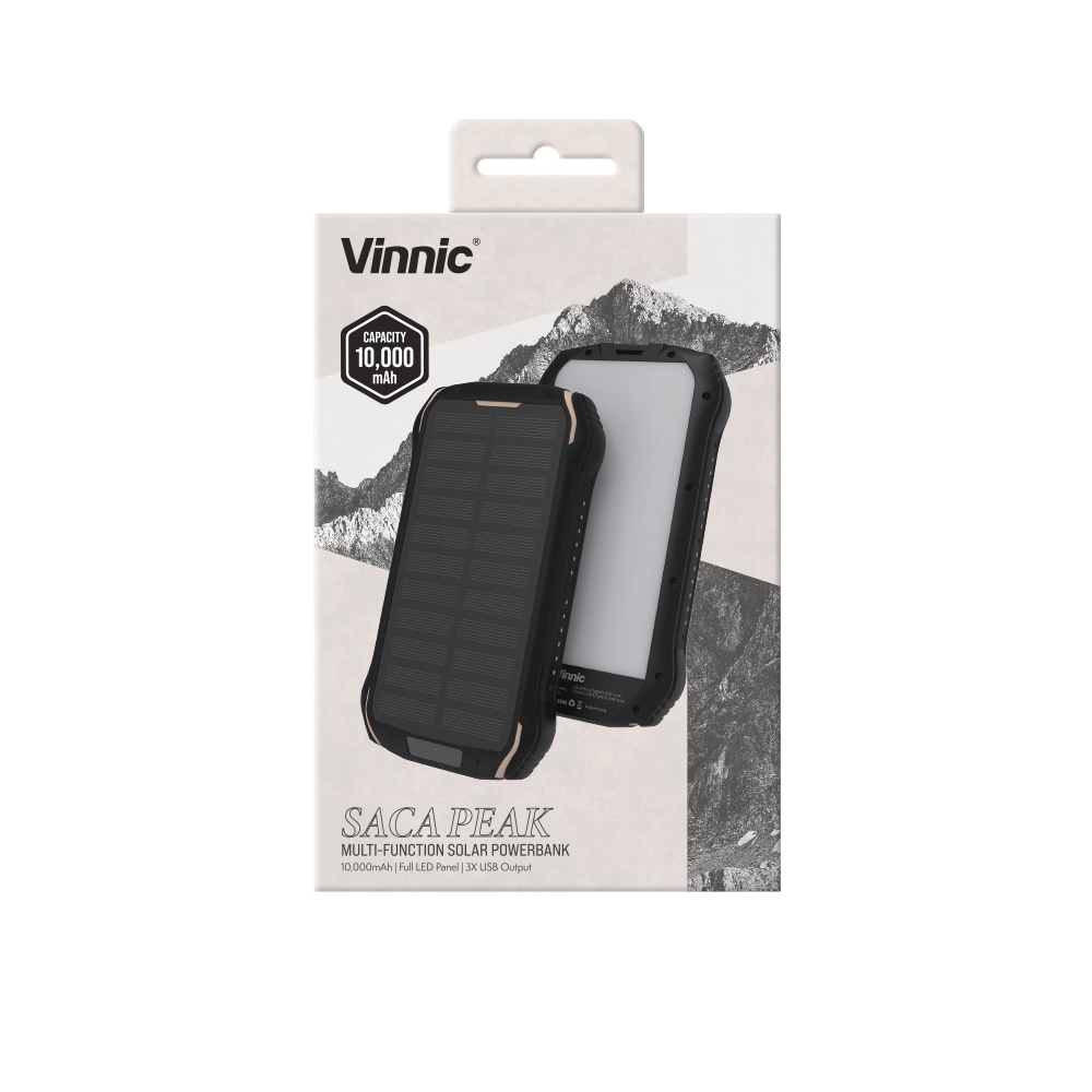 Vinnic Powerbank »SACA PEAK Solar Powerbank 10.000mAh IP65 1xUSB-C, 2xUSB-A«, Vinnic SACA PEAK Solar Powerbank 10.000mAh IP65 1xC 2xA,black