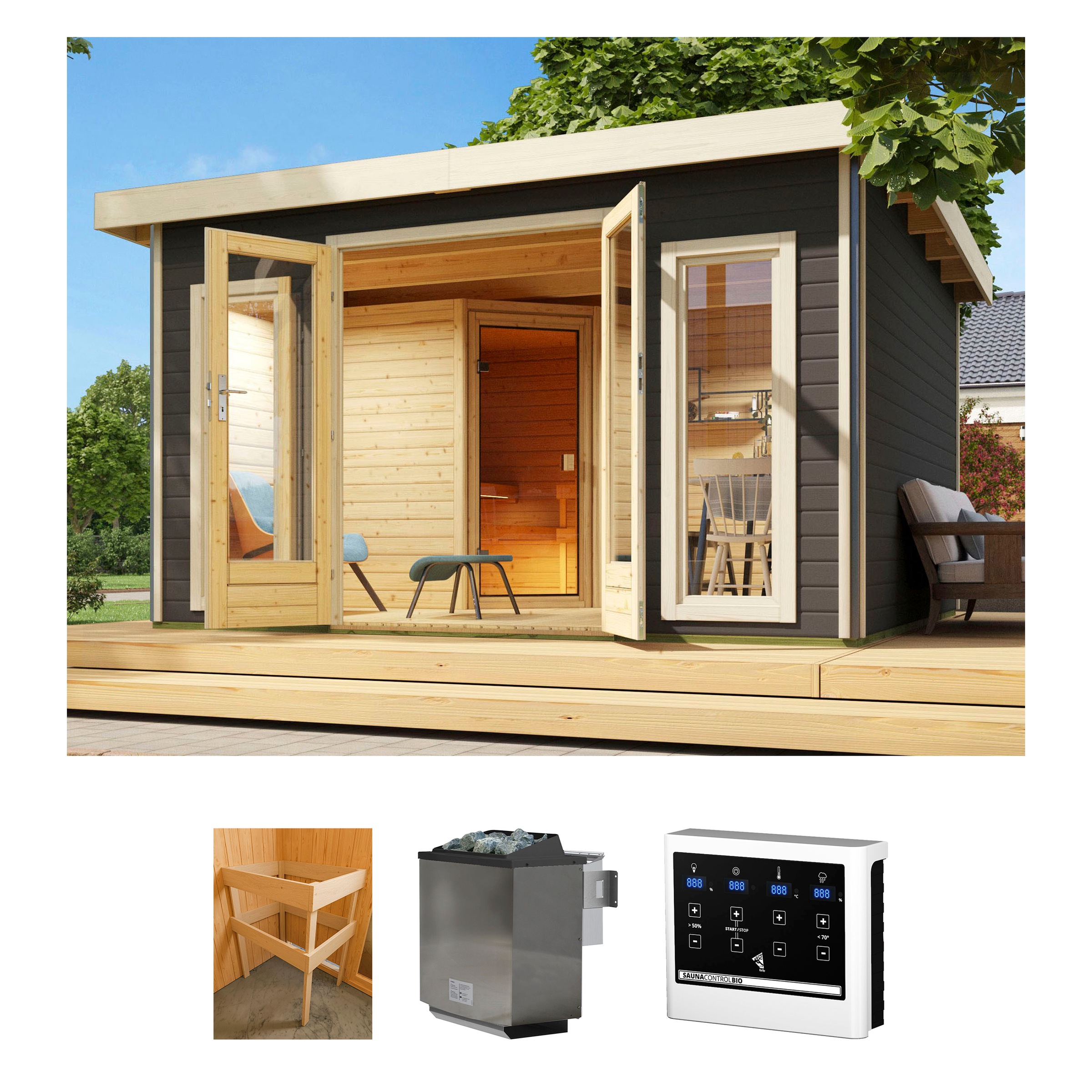 KONIFERA Saunahaus "Maiko 3 SET B", Bio-Ofen, externe Steuerung, 9 kW, grau, Garten, Saunen, Ofen 9 kW Bio externe Strg easy