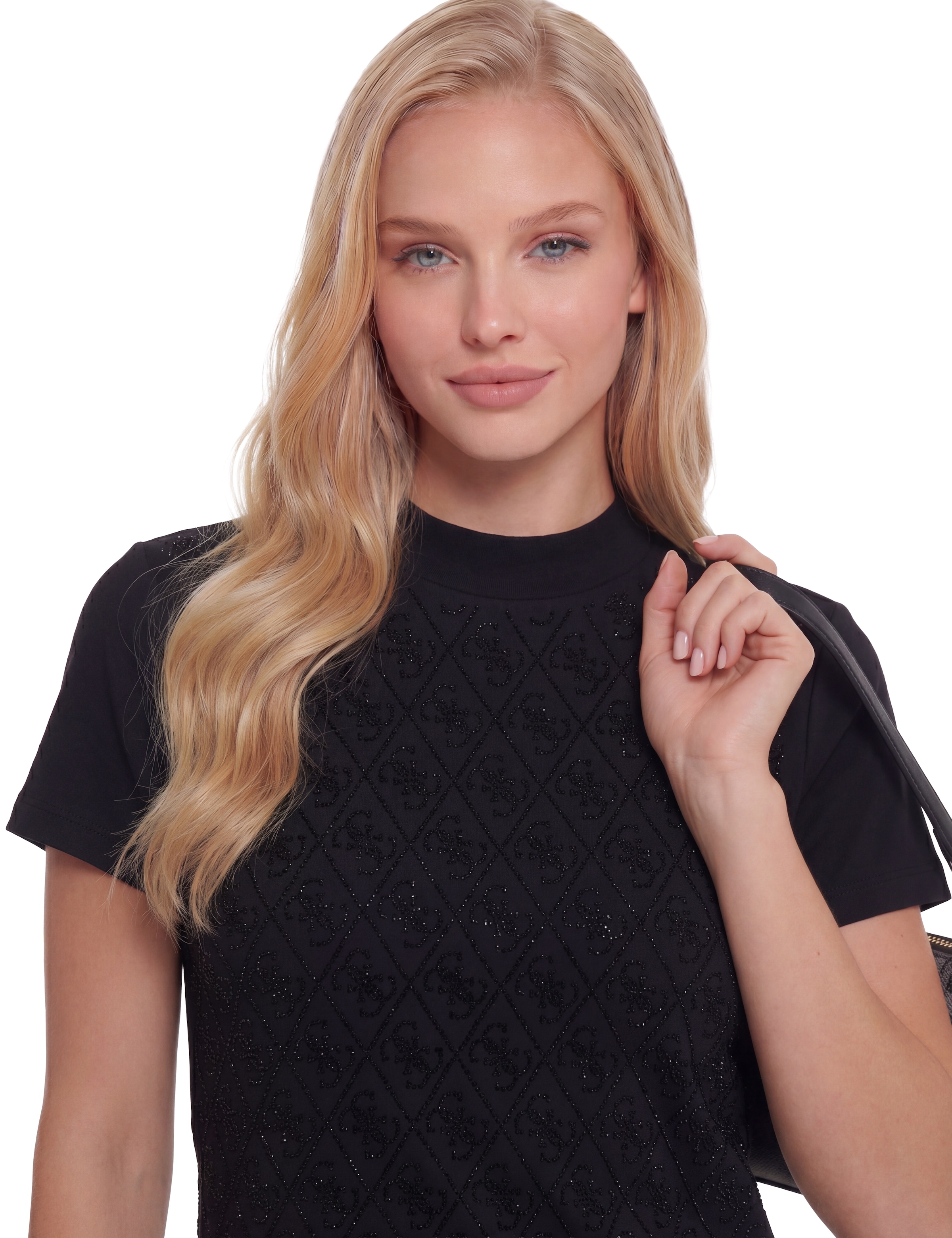 Guess T-Shirt »SS MOCK NECK ALL OVER 4G TEE« mit Strassbesatz, Slim Fit