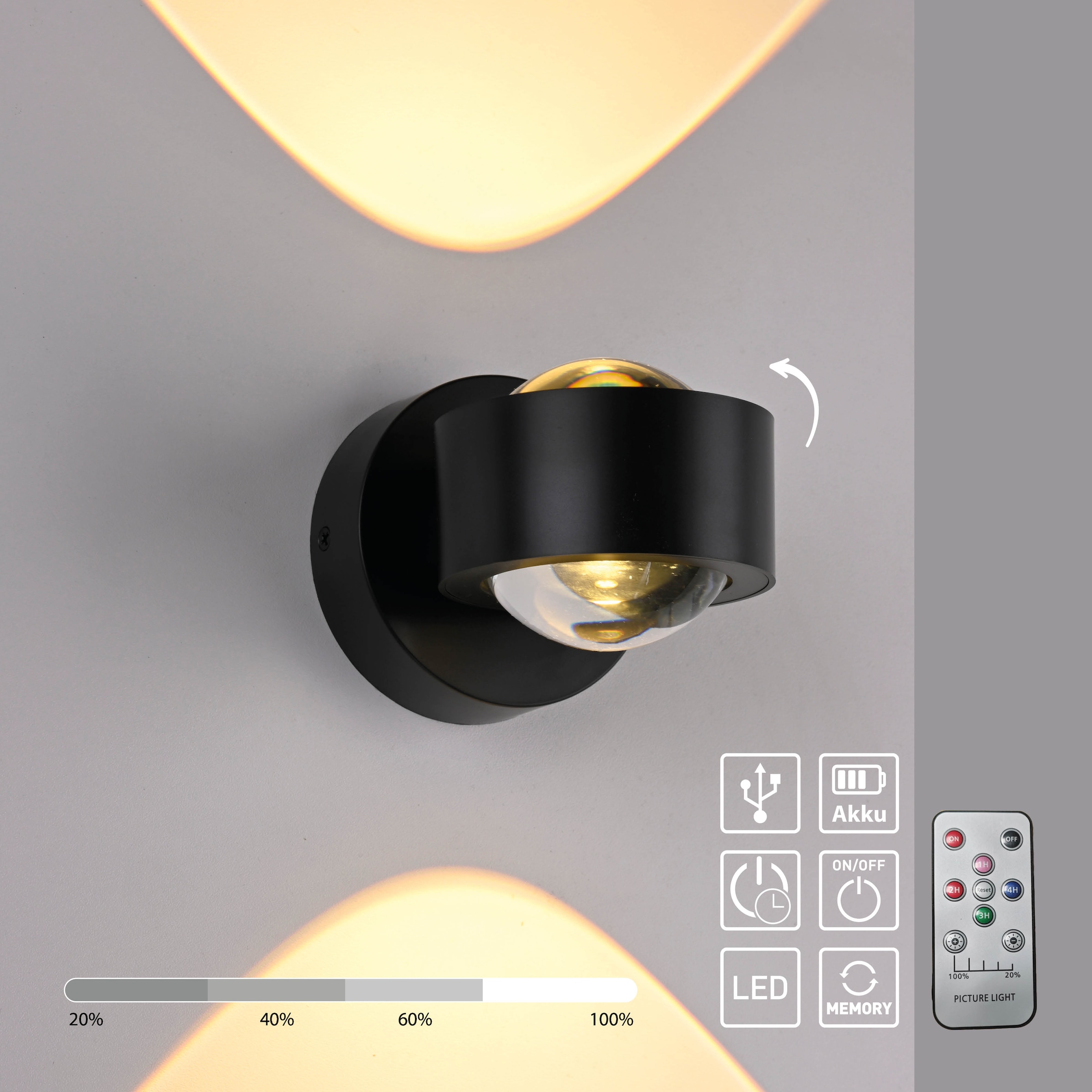 JUST LIGHT LED Wandleuchte »AKKU-CHIA« LED-Board 1 Stk. Warmweiß Akkubetrieben inkl. USB-Ladekabel, 5 Stufen Dimmung + Timerfunktion