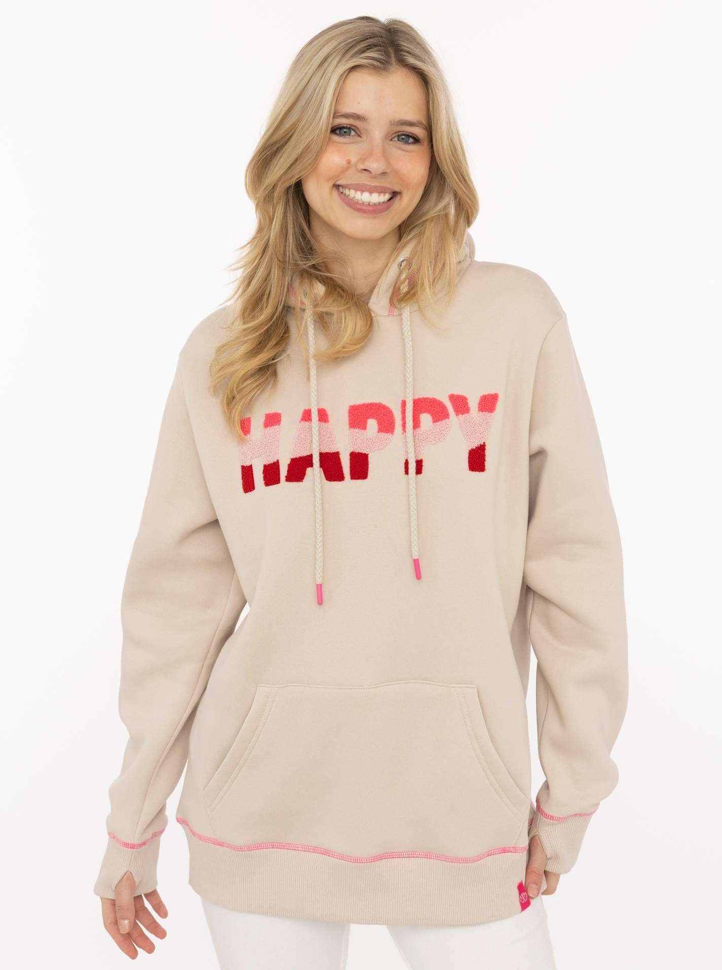 Zwillingsherz Hoodie »"HAPPY"«, bunter Schriftzug aus Frottee, Kapuze mit Kordel, Kängurutasche

