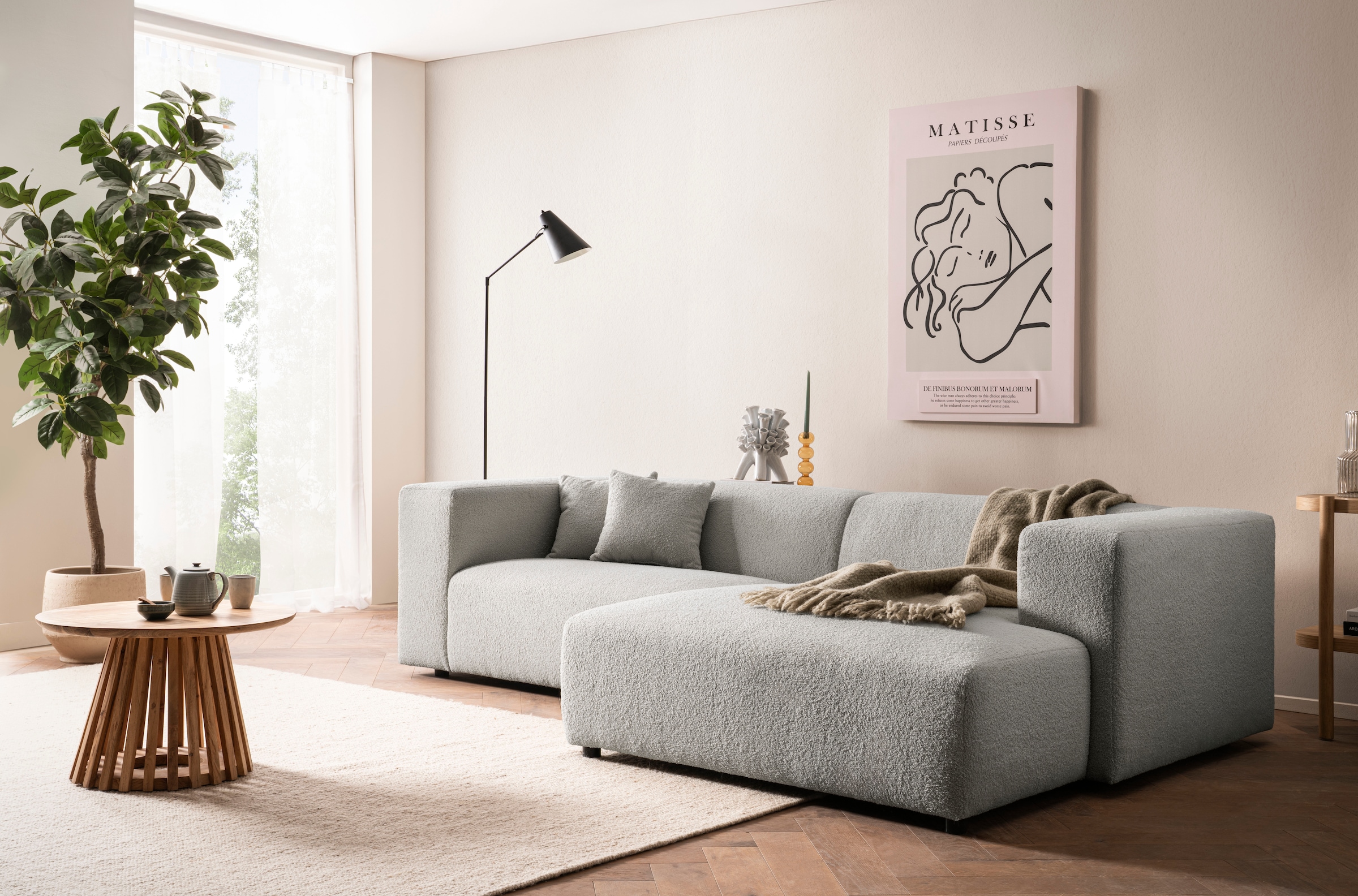 andas Ecksofa »BAKELS, L-Form in Cord oder Boucle-Stoff, moderne Couch«, wahlweise Recamiere rechts/links, bequemer Sitzkomfort