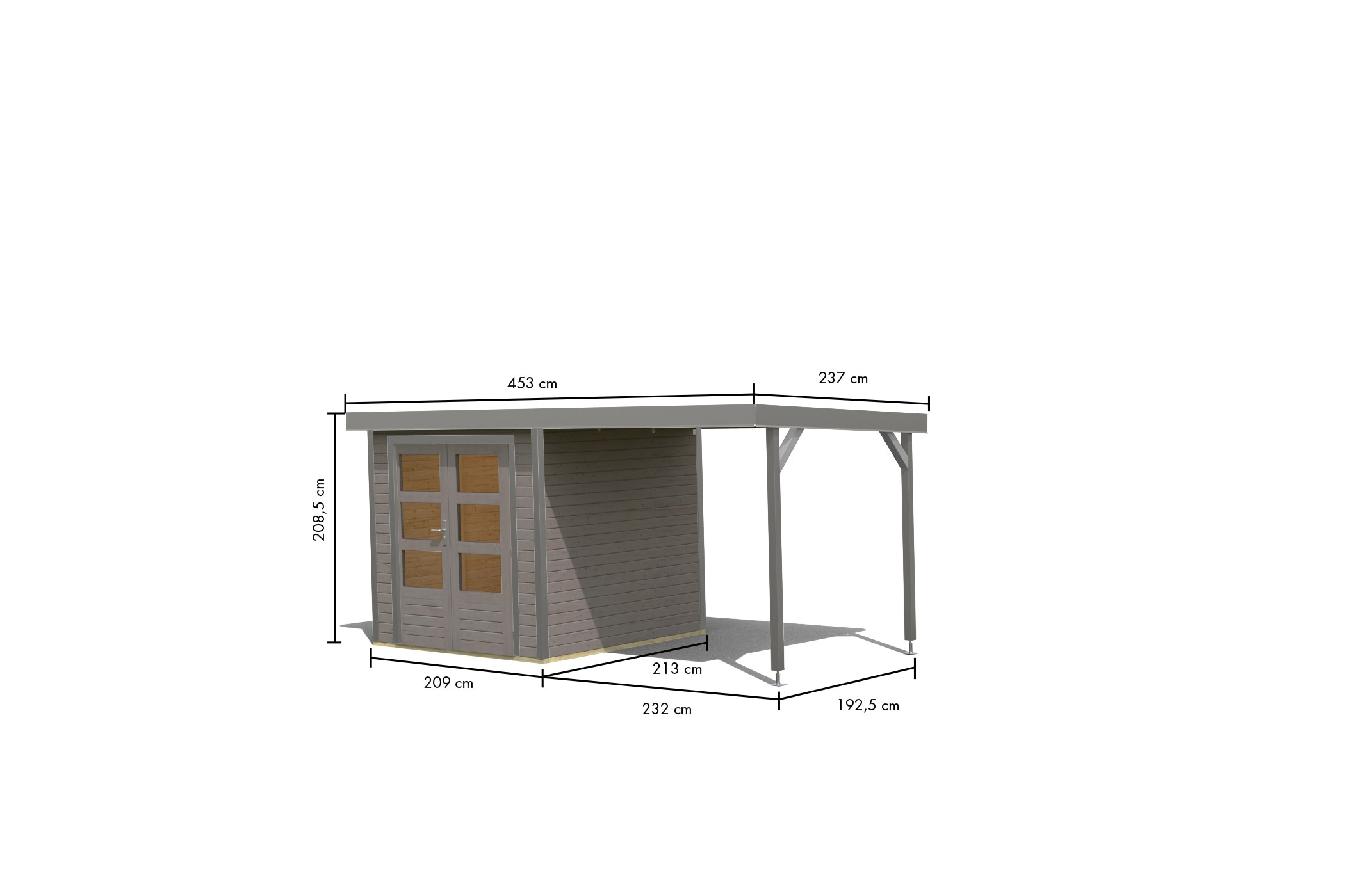 Karibu Gartenhaus »"Jupiter 2 D" SET wassergrau-graualuminium mit Anbaudach 2,35 m breit«, hochwertige Materialien: nordische Fichte, Stahlecken, Trapezblechdach