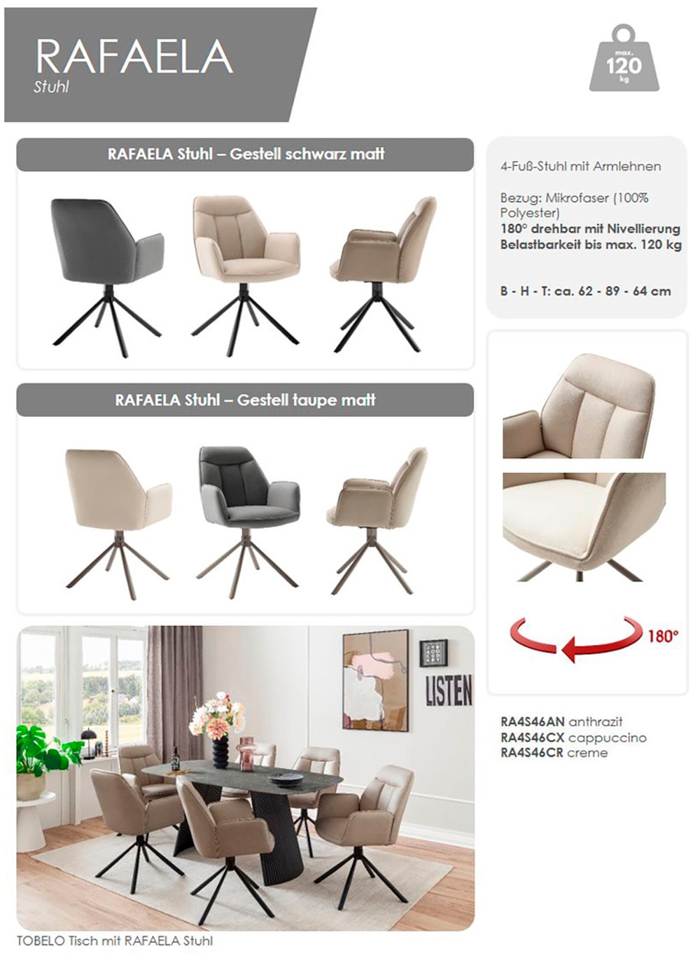 MCA furniture Armlehnstuhl »RAFAELA Esszimmerstuhl (2er Set) - Stuhl«, (Set), 2 St., Microfaser, 180° drehbar, Metall, Mikrofaser, belastbar 120 kg