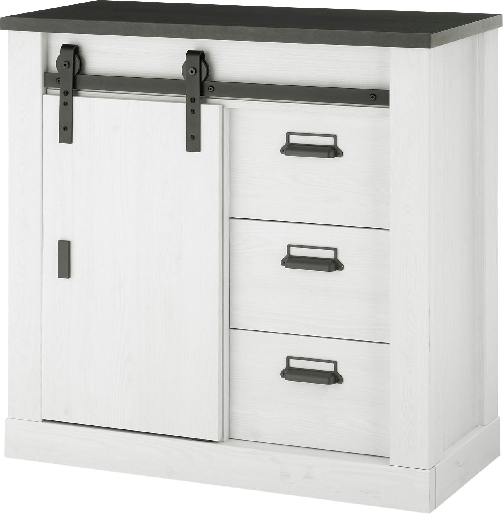 Home affaire Kommode "Sherwood, Sideboard im Industrial-Style, Schrank, Stauraumelement" mit Scheunentorbeschlag & Apothekergriffen, in 2 Farben erhältlich